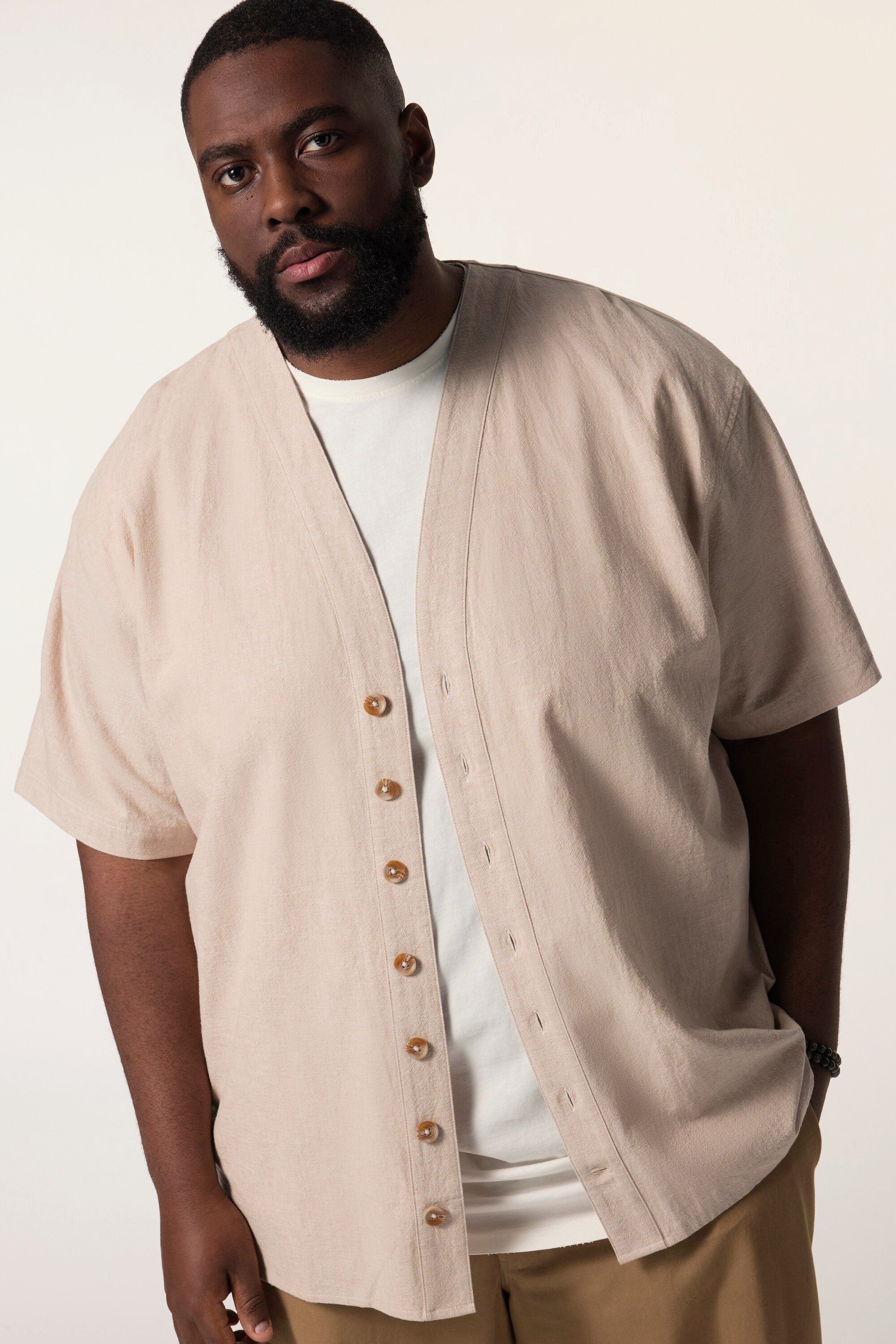 STHUGE Kurzarmhemd Hemd Halbarm Leinenoptik kastiger Oversize-Fit günstig online kaufen