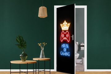 MuchoWow Türtapete Zitate von Spielen - Neon - Haus des Spiels - Krone - Text, Matt, bedruckt, (1 St), Fototapete für Tür, Türaufkleber, 75x205 cm