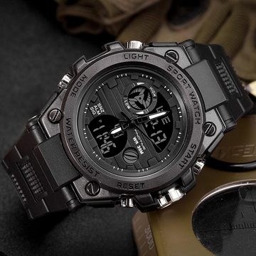 findtime Fur Herren Sport Uhren Militär Outdoor Große Smartwatch (2.09 Zoll), Armbanduhr Digital Analog Zwei Zeitzonen LED Kalender Männer Jungen