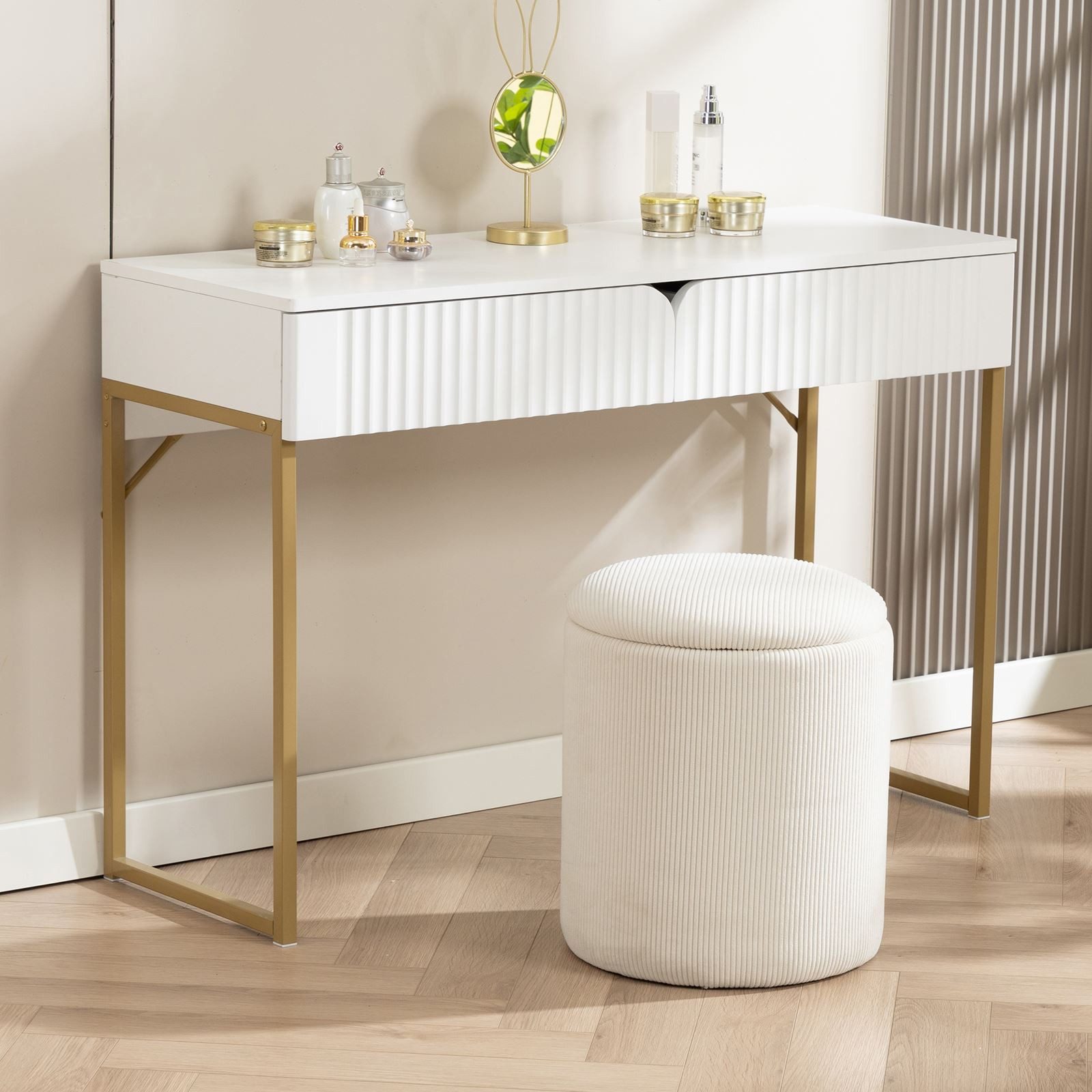 IDIMEX Konsolentisch FRIBO, Schminktisch mit Rillenfront Metallgestell und 2 Schubladen weiß/gold