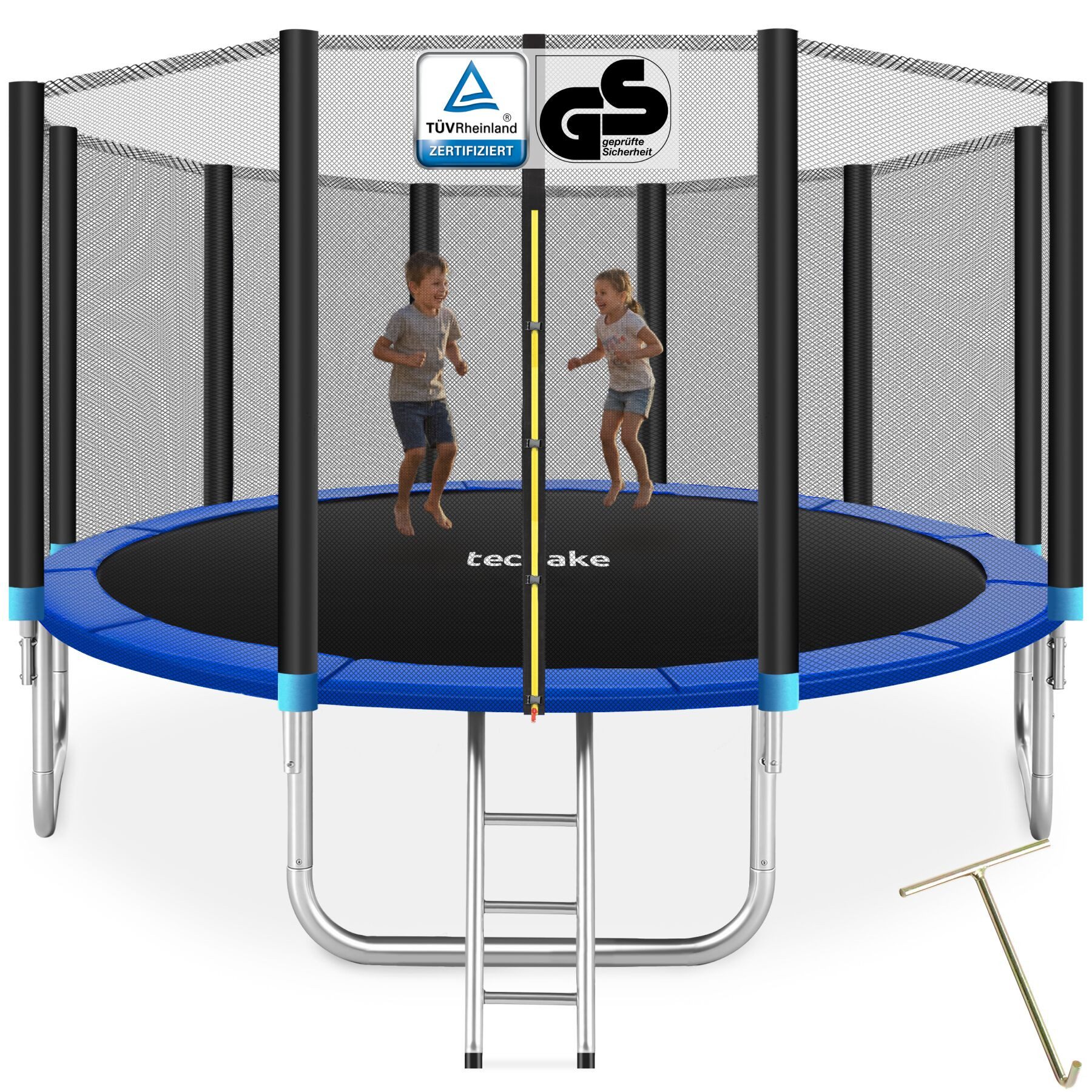 tectake Gartentrampolin Kindertrampolin mit Einstiegsleiter und Sicherheitsnetz Ø 457 cm, (Outdoortrampolin Garfunky, in schwarz/blau), GS zertifiziert, Randabdeckung, reißfestes Sprungtuch
