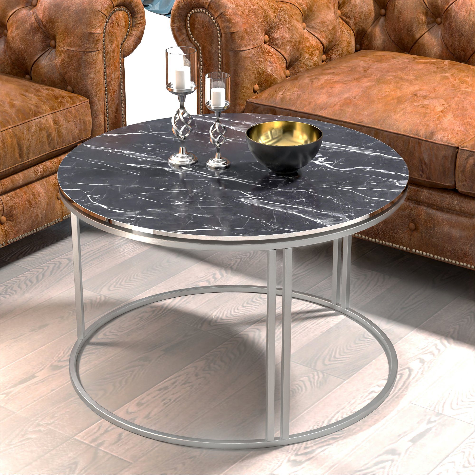 en.casa Couchtisch, »Aulum« Beistelltisch 50xØ80cm, Marmor Marmor/Schwarz/Silber schwarz | Silber