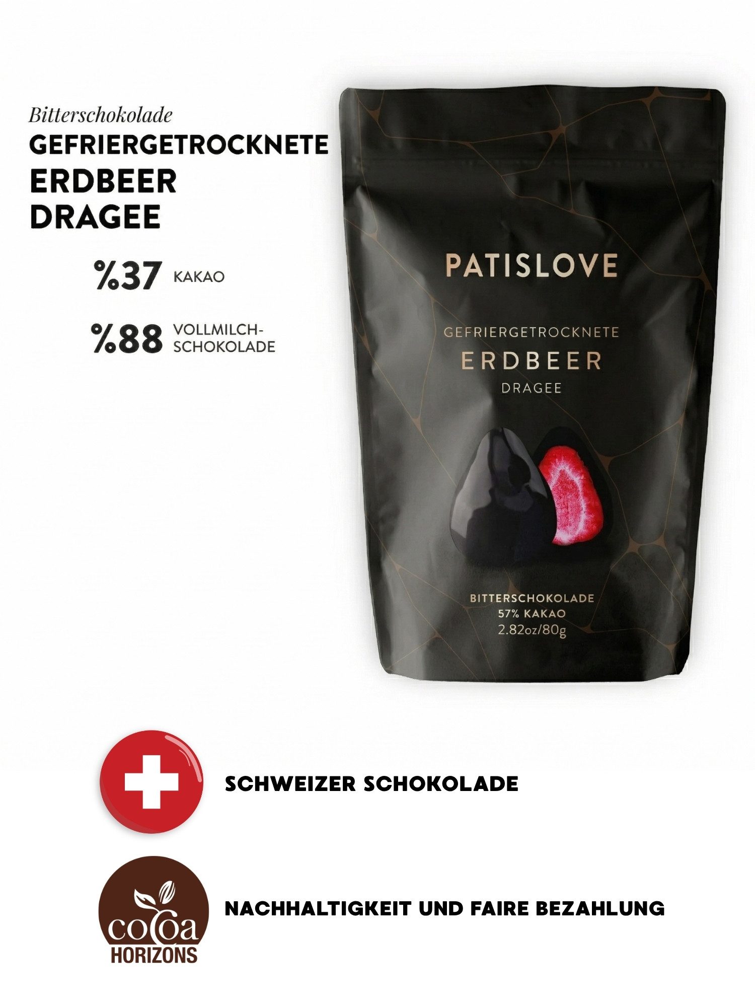 PATISLOVE Schokolade Patislove Gefriergetrocknete Erdbeeren in Zartbitterschokolade, 80g, Ohne künstliche Farbstoffe, 100% echte Frucht.