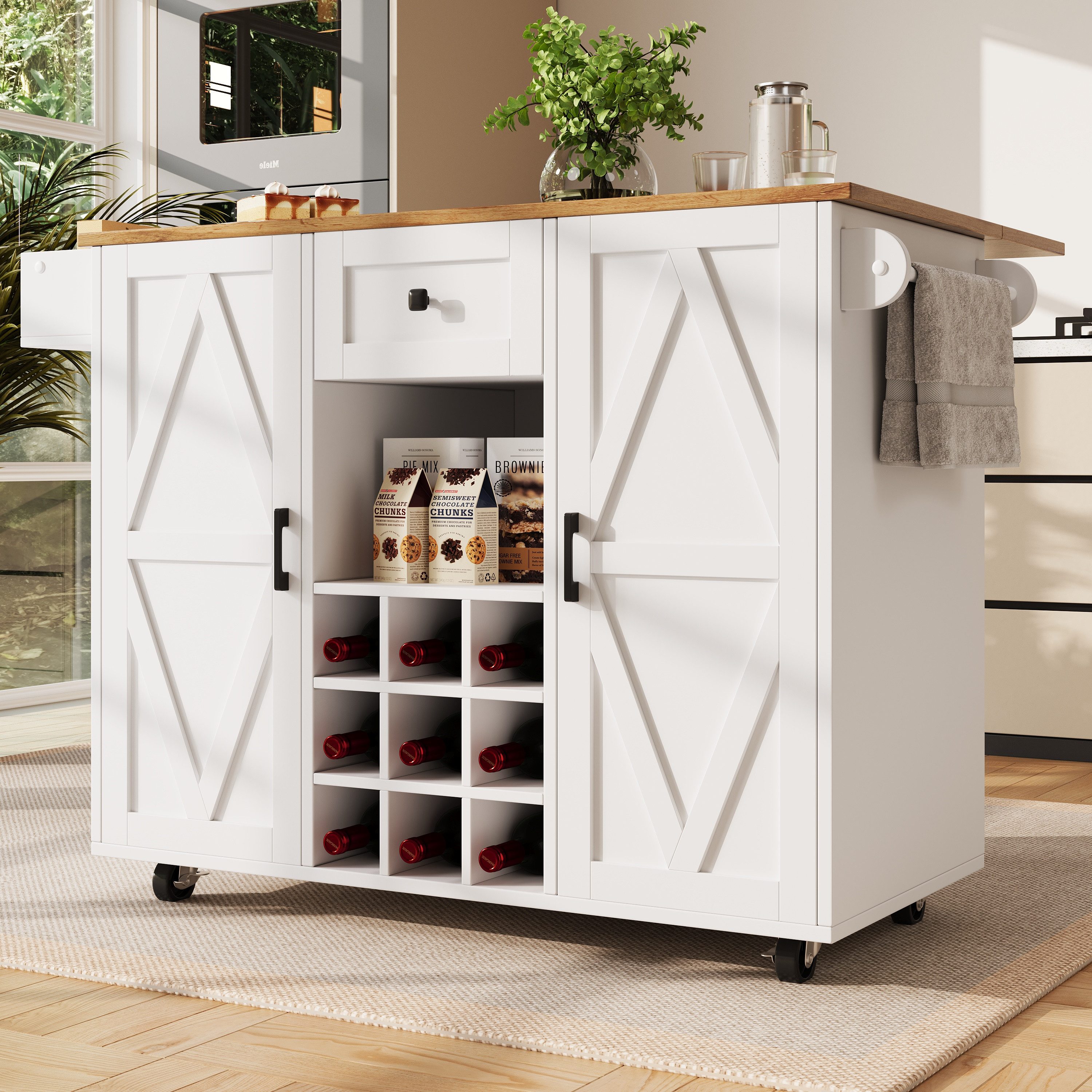 STILVORA Küchenwagen mit rollen und arbeitsplatte,Küchenschrank freistehend Kücheninsel, (Multifunktionale Kücheninsel mit Klappbein-Esstisch, großer Stauraum und flexiblen Ablageflächen – Inklusive Weinregal, Snackregal und beweglichen Rädern)