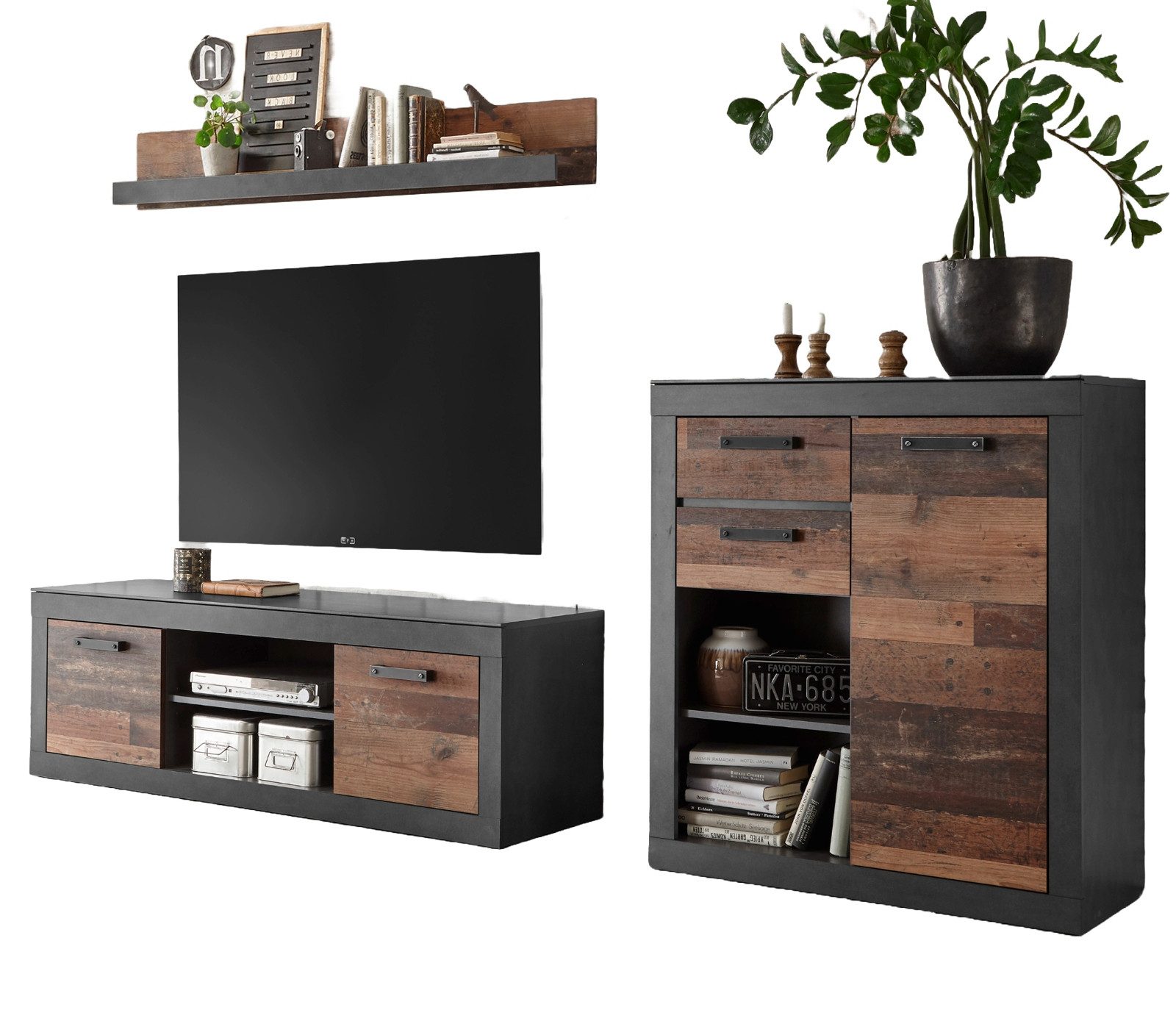 Furn.Design Wohnwand Ward, (Schrankwand 3-teilig, Breite ca. 250 cm), modernes Used-Wood-Design