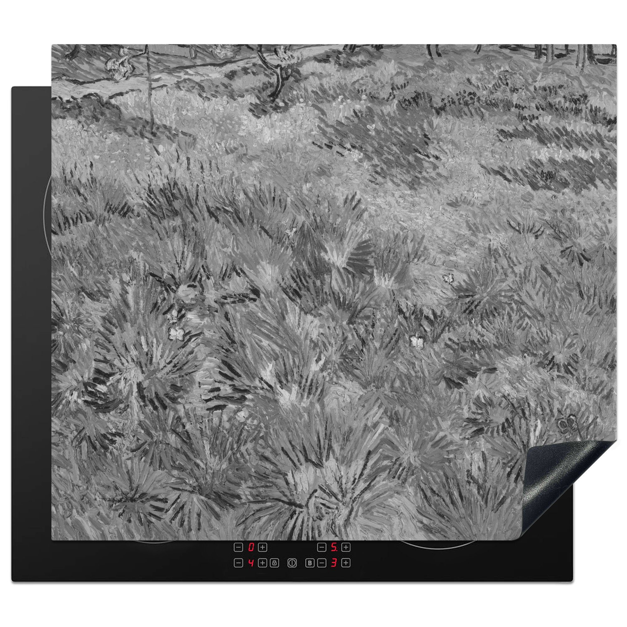 MuchoWow Herdblende-/Abdeckplatte Grasfeld mit Blumen und Schmetterlingen - Vincent van Gogh - Schwarz, Vinyl, (1 tlg), 60x52 cm, Mobile Arbeitsfläche nutzbar, Ceranfeldabdeckung