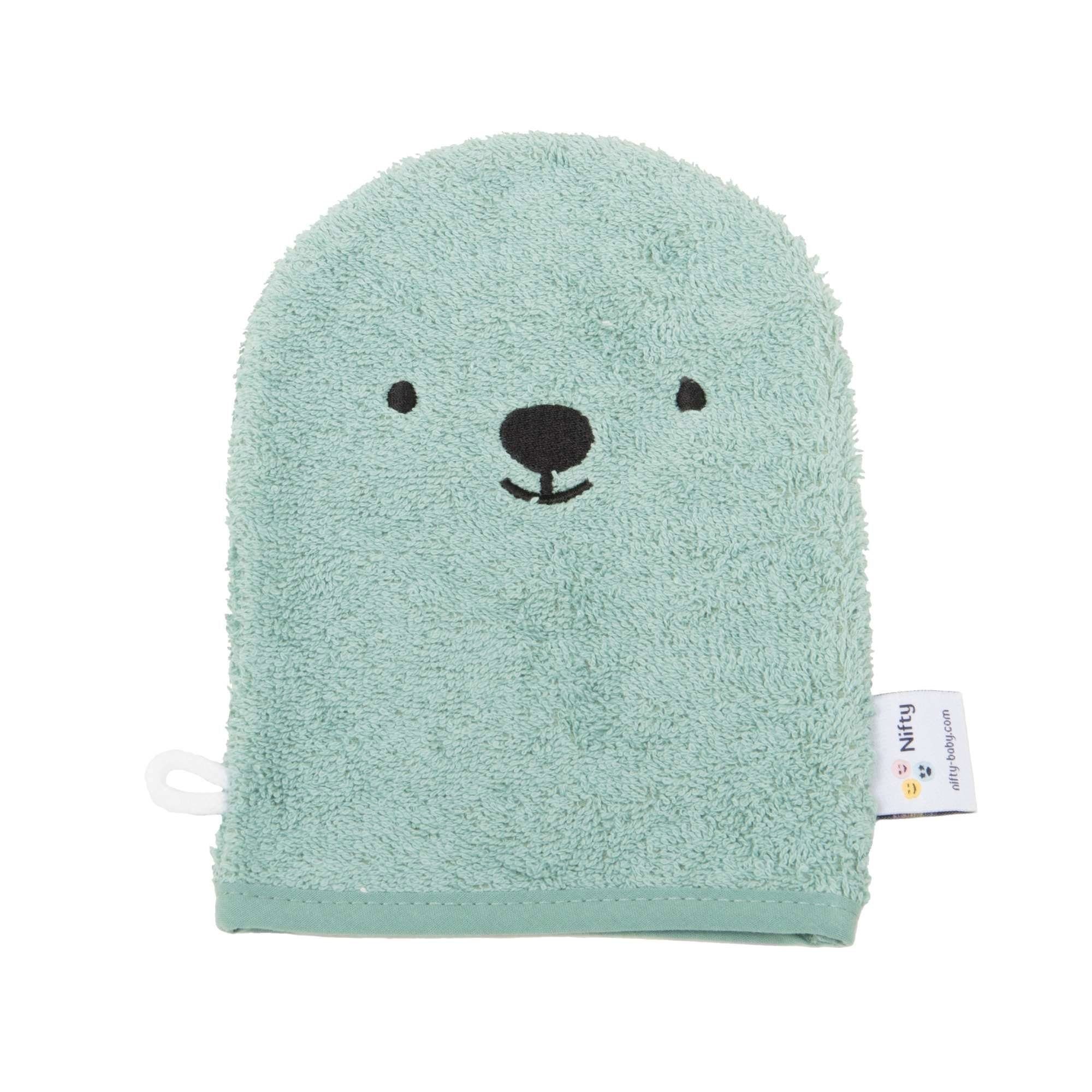 LK Trend & Style Waschhandschuh Baby Waschlappen mit niedlichem Tiergesicht, aus hochwertiger Bio-Baumwolle Hellgrün mit Bärengesicht