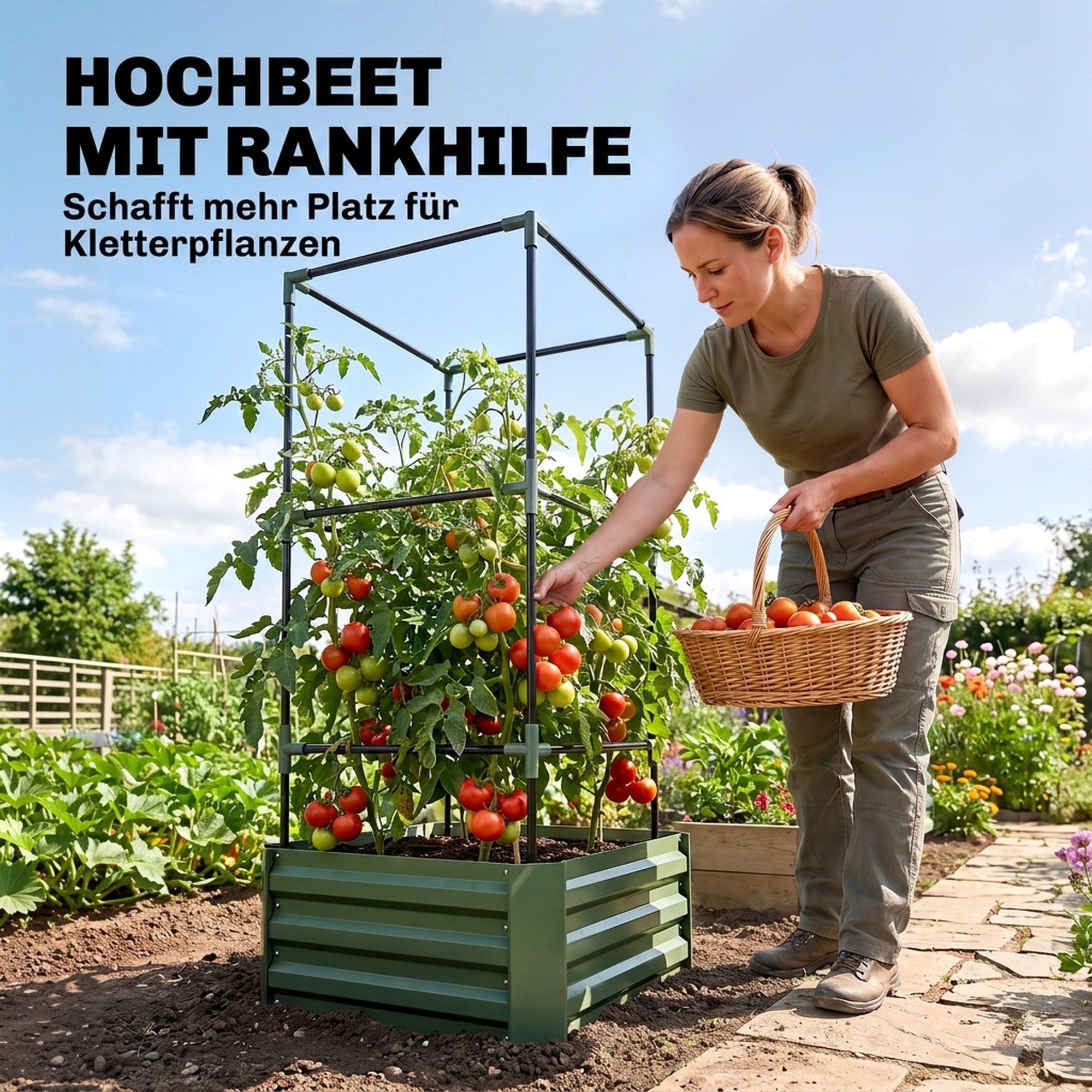 Outsunny Hochbeet Blumenkasten höhenverstellbar mit Rankhilfe, Pflanzkasten (Gemüsebeet, 1 St., Kräuterbeet), für Garten, Balkon, Verzinkter Stahl, Grün, 61 x 6 – Bild 4 von 5