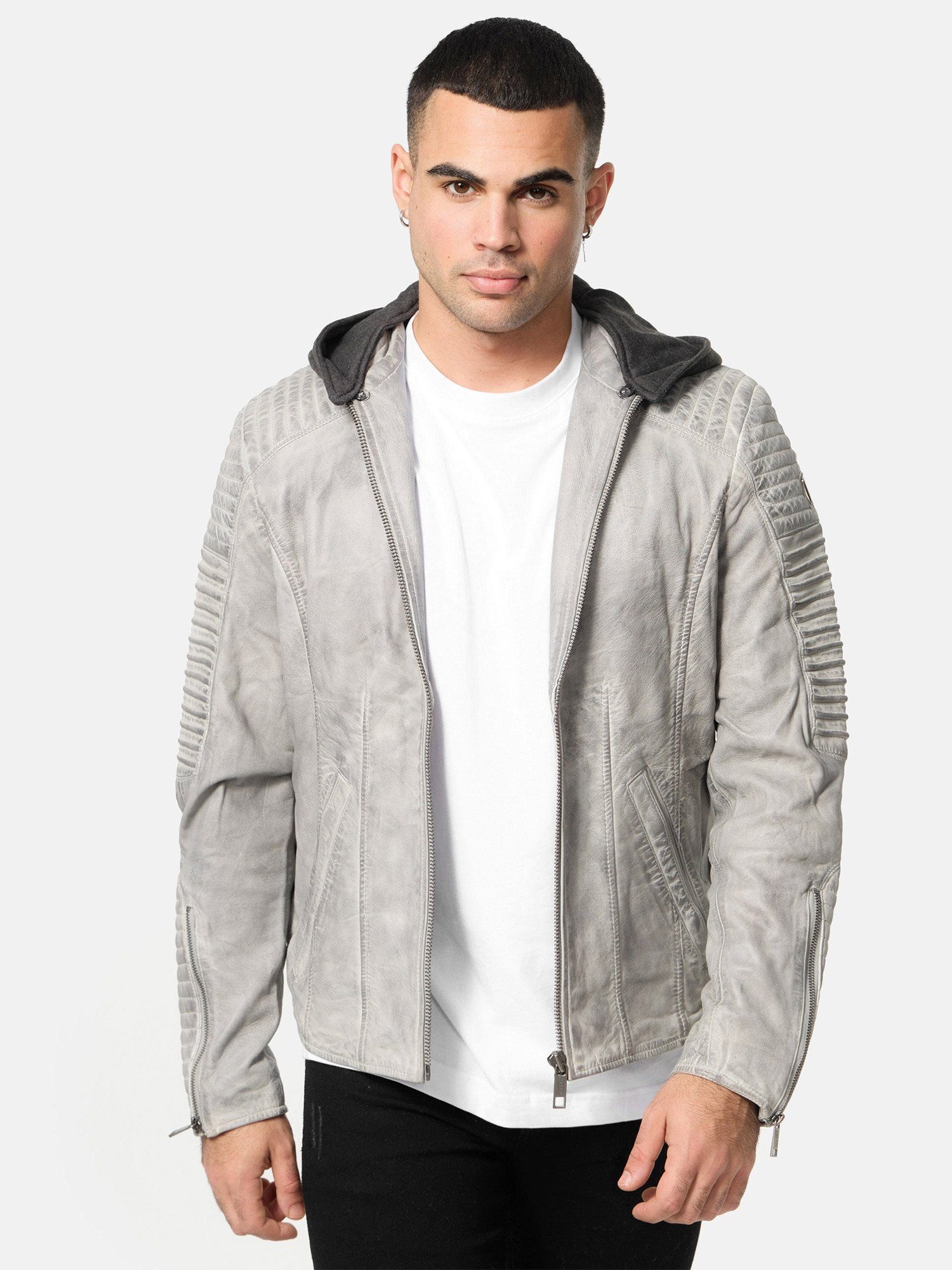 Tazzio Lederjacke A800 Biker-Look mit abnehmbarer Kapuze grau-crust