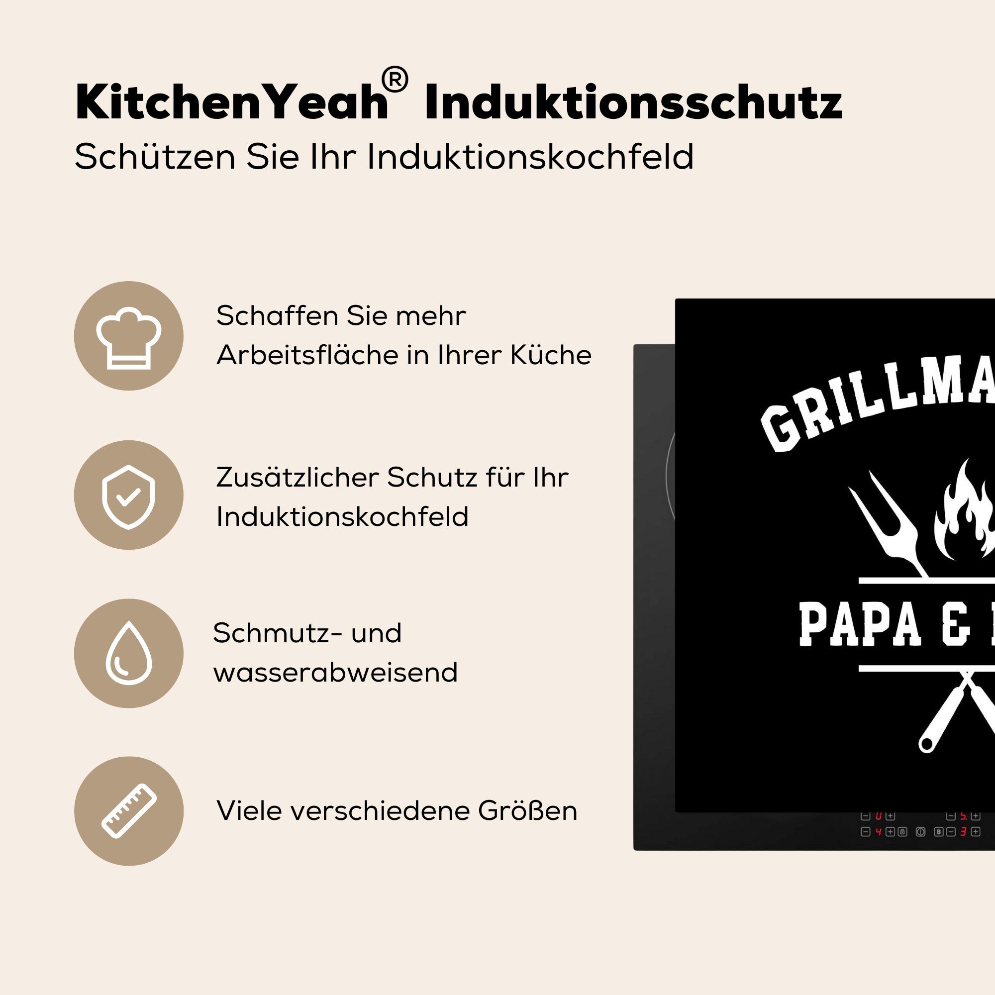 Schwarz - Vinyl, Herdblende-/Abdeckplatte cm, Mobile and tlg), mum Eltern, 60x52 Kochen - nutzbar, Zitate dad MuchoWow Arbeitsfläche Grillmasters (1 - - Ceranfeldabdeckung