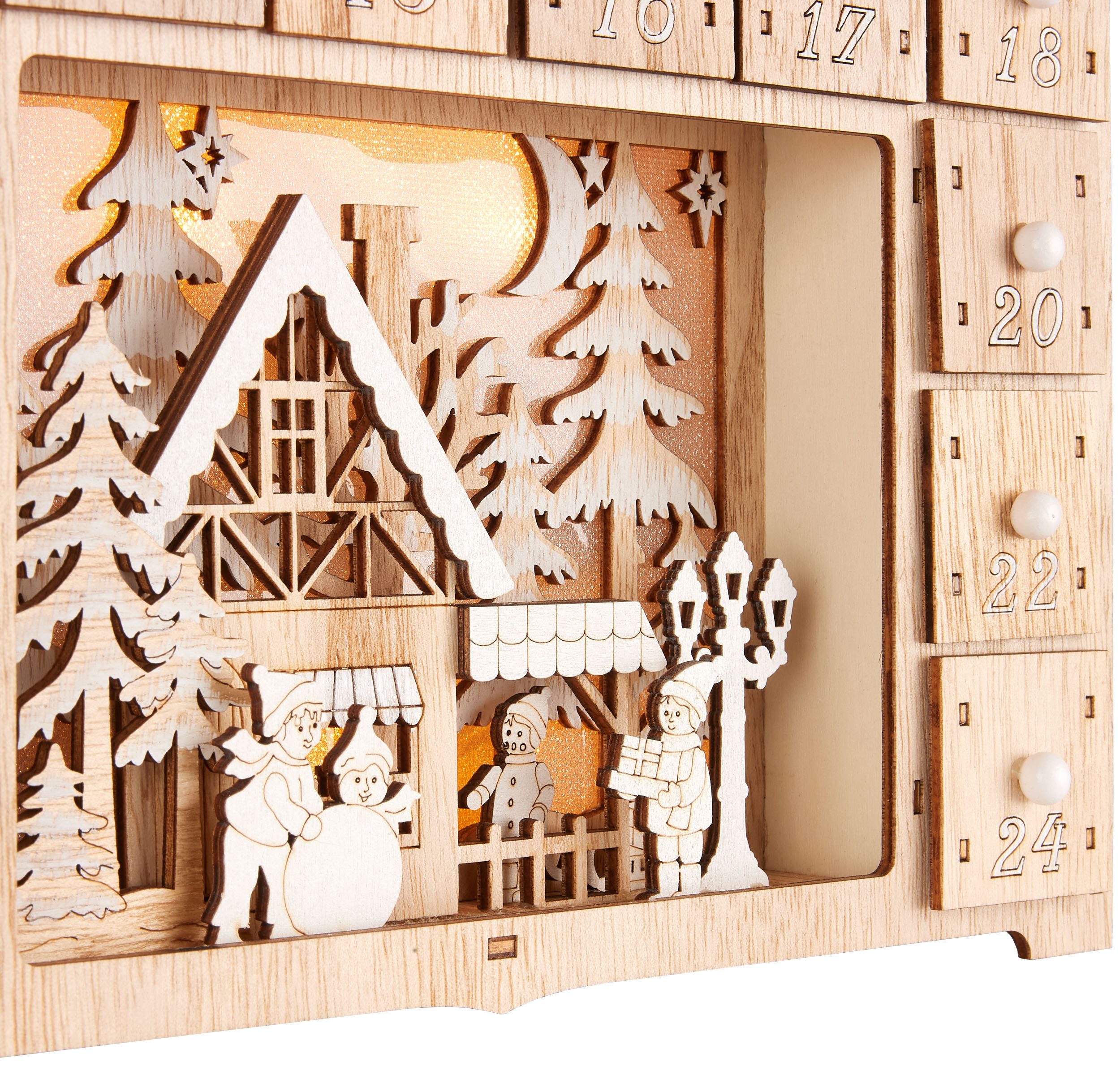 BRUBAKER befüllbarer Adventskalender Weihnachtshaus - 40 cm Holz Weihnachtskalender + LED Beleuchtung (Haus Adventskalender zum Befüllen - Beleuchtet, 1-tlg), Rentiere im Wald, Schnee Dorf mit Kindern