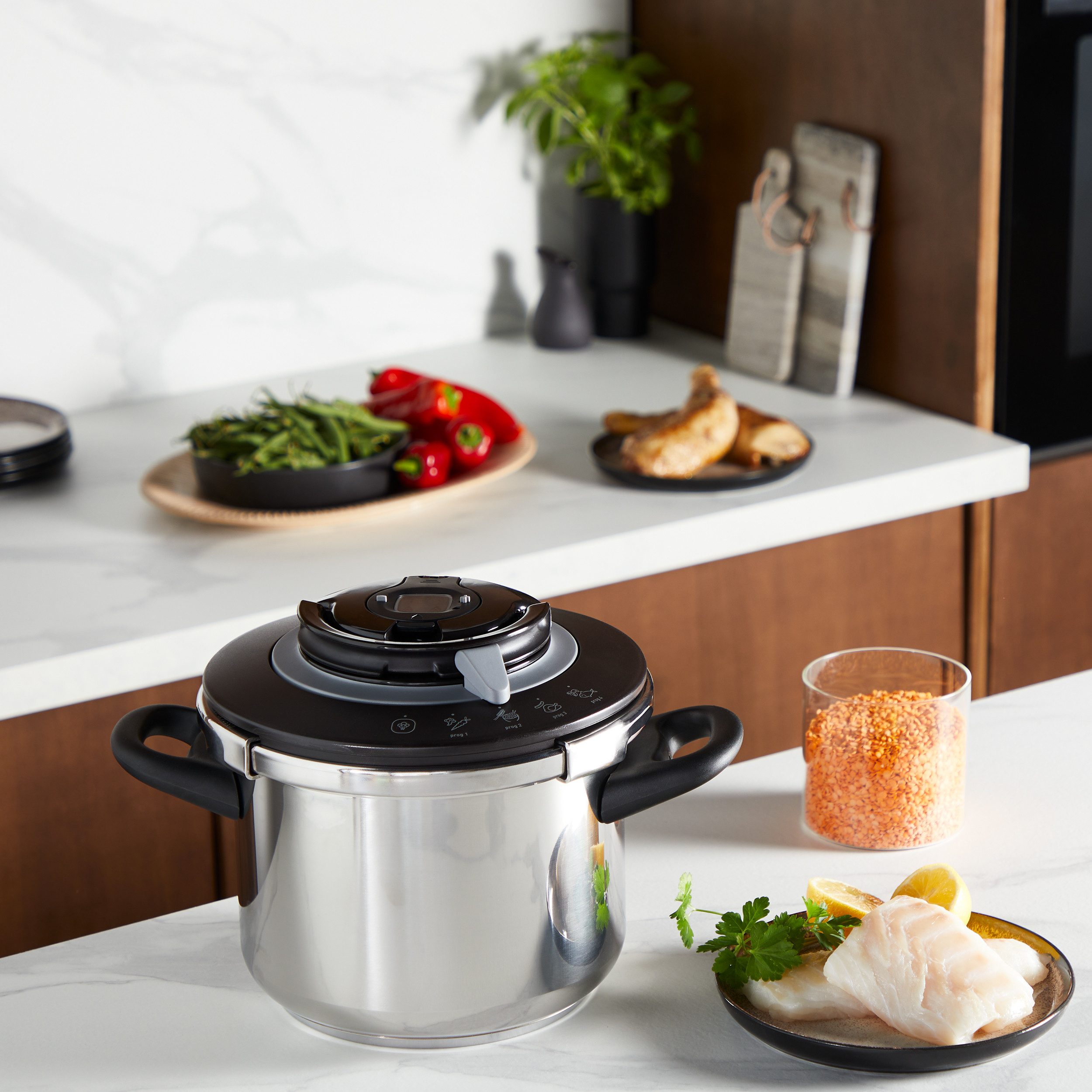 Tefal Schnellkochtopf Clipso+ CHEF, 6 Liter Dampfkochtopf, Edelstahl, 4 Kochprogramme, 6 Sicherheitsstufen, abnehmbarer Timer