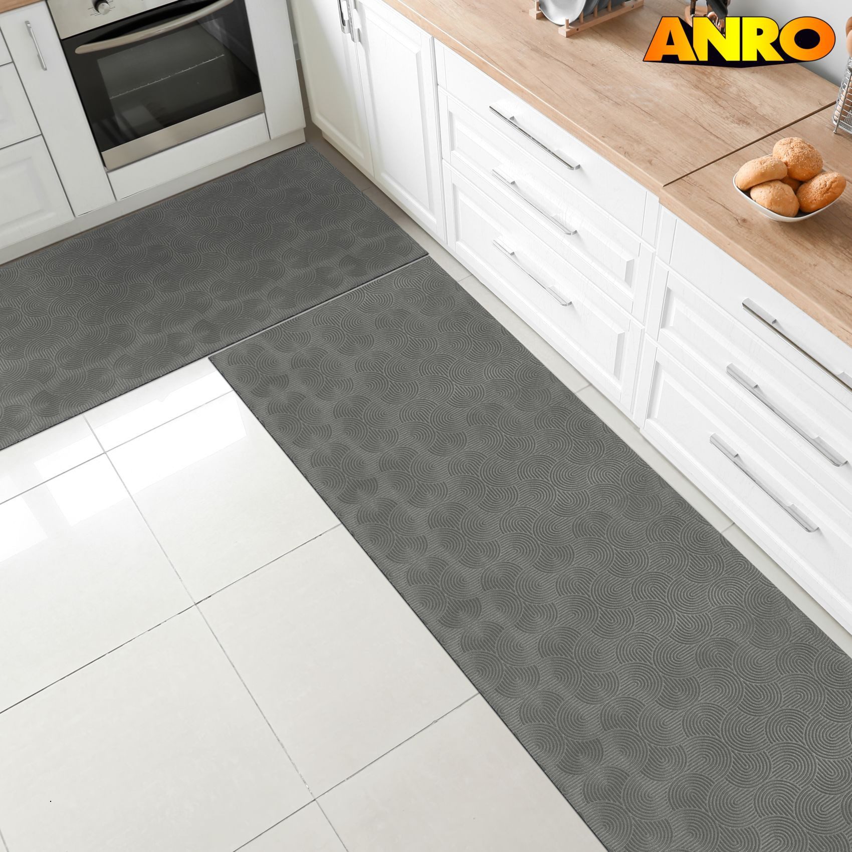 ANRO Läufer Velora Teppichläufer hochwertig Küchenteppich, Rechteckig, Höhe: 3 mm, Küchen- & Flurläufer 100cm Bauhaus Anthrazit pflegeleicht