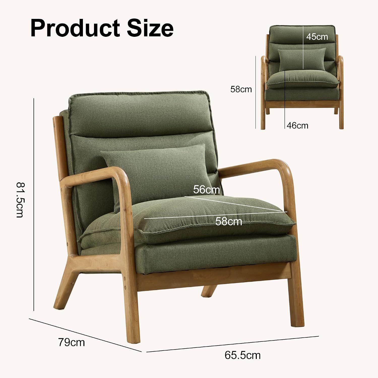 CANMOV Relaxsessel Sessel mit Kissen, Loungesessel mit hoher Rückenlehne, Einzelsessel (1-St), Natürliches Holz, Liegestuhl mit Armlehne und Kissen, für Wohnzim – Bild 2 von 5