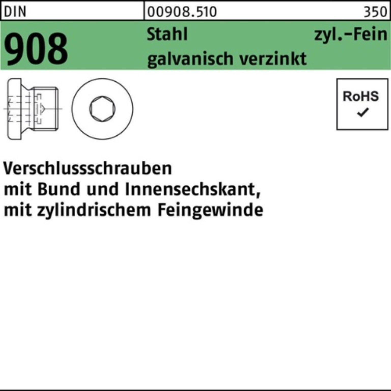 Stahl Reyher M10x1 Pack DIN 908 Bund/Innen-6kt Verschlußschraube 100er galv. Schraube