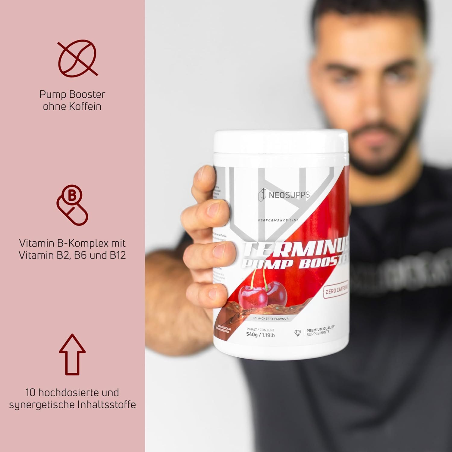 Neosupps Terminus PUMP XXL Cola Cherry 540g, Pre Workout Booster ohne Koffein Pulver, 540 g, Pump & Fokus, geprüfte Qualität, 8.000 mg L-Citrullin, Vegan