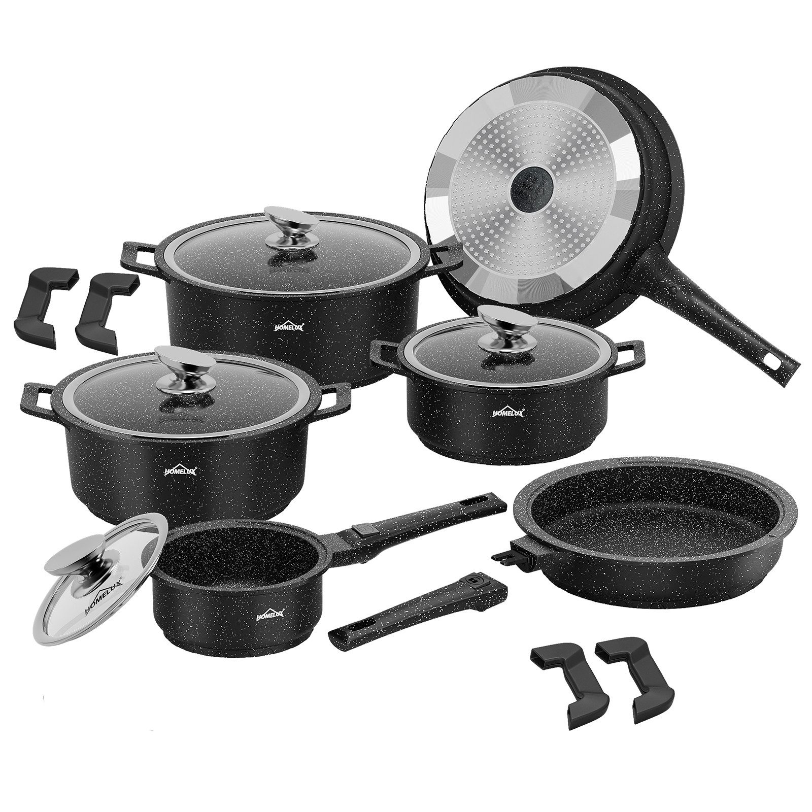 HOMELUX Topf-Set 10-TLG Topfset Induktion Stapelbar für alle Herdarten,Ofenfest,Schwarz, Aluminium (Set, 10-tlg., Topfset/Pfannensets), induktionsgeeignet