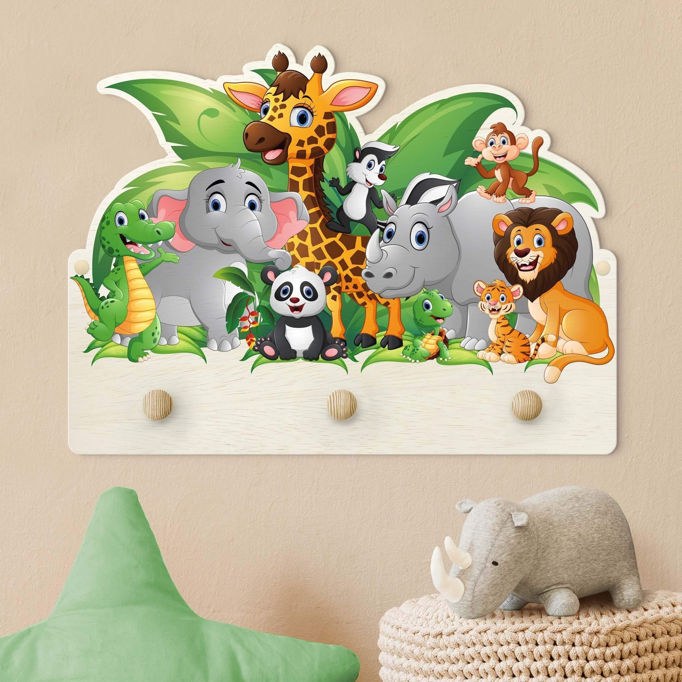 Bilderdepot24 Garderobenpaneel bunt Tiere Tiere des Dschungels (Kindergarderobe holz Kleiderhaken für die Wand inkl. Montagematerial), moderne Wand Garderobenleiste Flur - kleine Hakenleiste Kinderzimmer