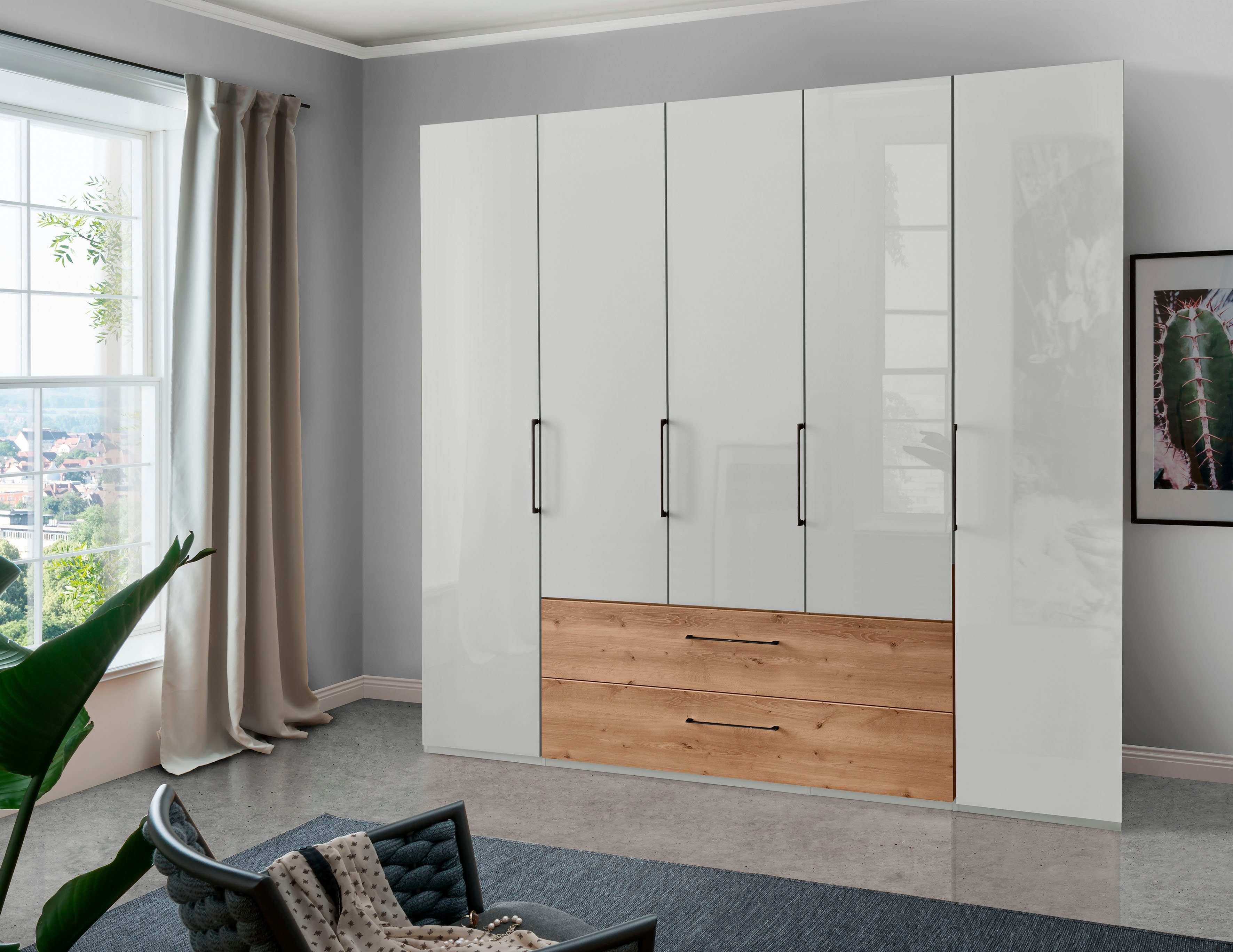 WIEMANN Kleiderschrank Metz hochwertige Glasfront inkl. Schubkästen im Holzfarbton Weiß/Glas Weiß/Bianco-Eiche-Nachbildung/Griffe: Schiefer | Kleiderschränke