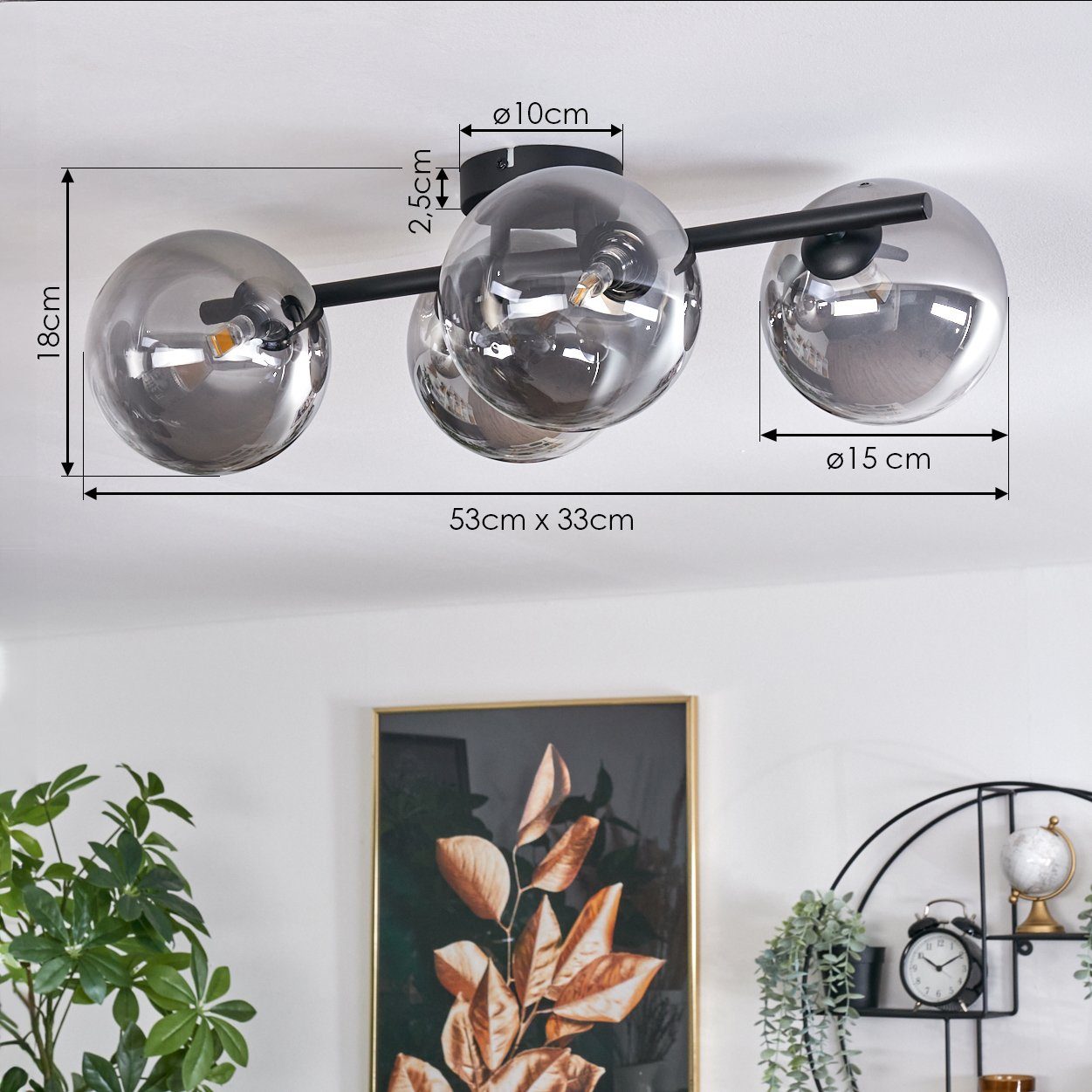 hofstein Deckenleuchte Deckenlampe aus Metall/Glas in Schwarz/Rauchfarben/Klar, ohne Leuchtmittel, Leuchte im Retro-Design aus Glas, 4 x G9 LED, ohne Leuchtmitt – Bild 4 von 5