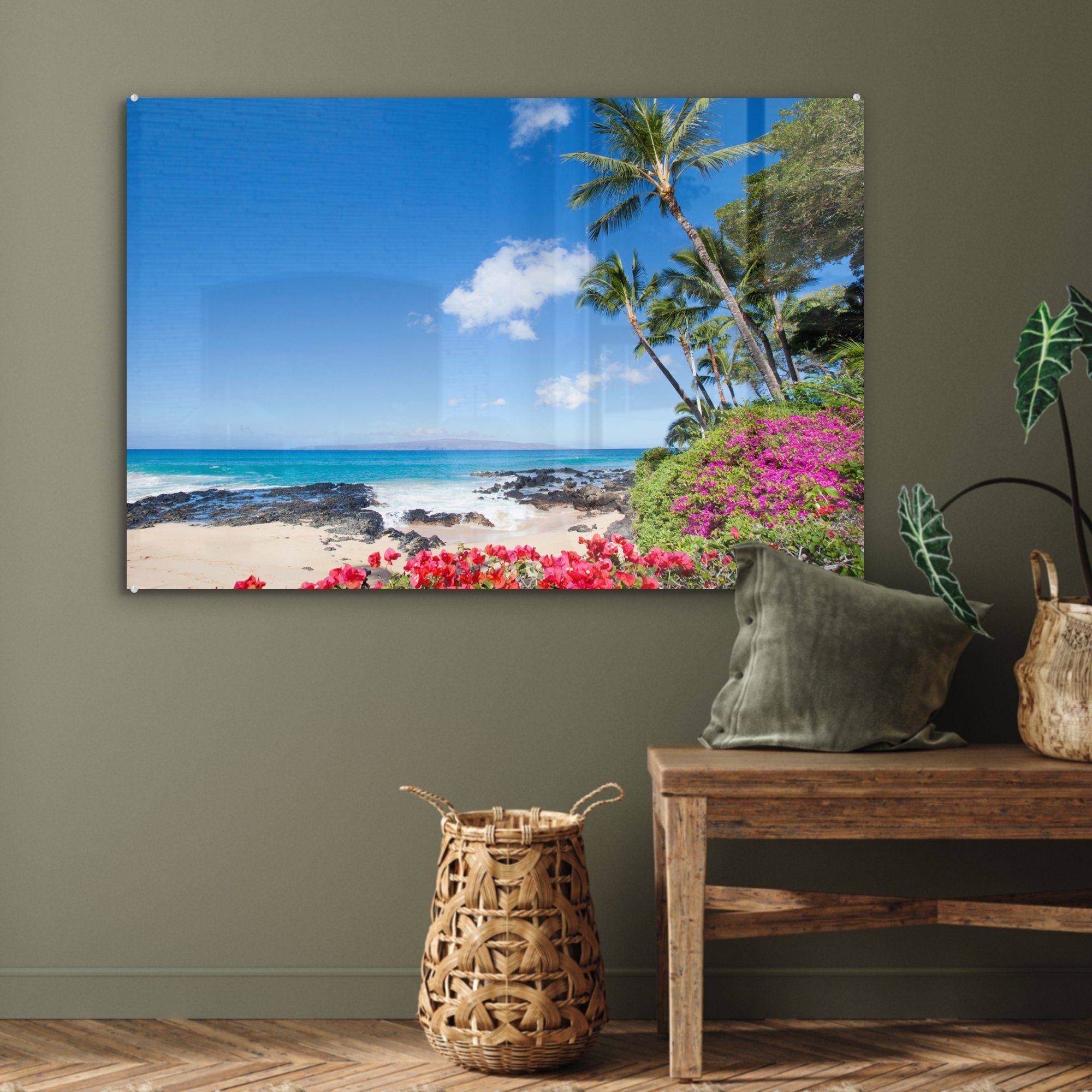 Insel Acrylglasbilder (1 St), Wohnzimmer Schlafzimmer der & MuchoWow auf Bunte Maui, Blumen Acrylglasbild tropischen