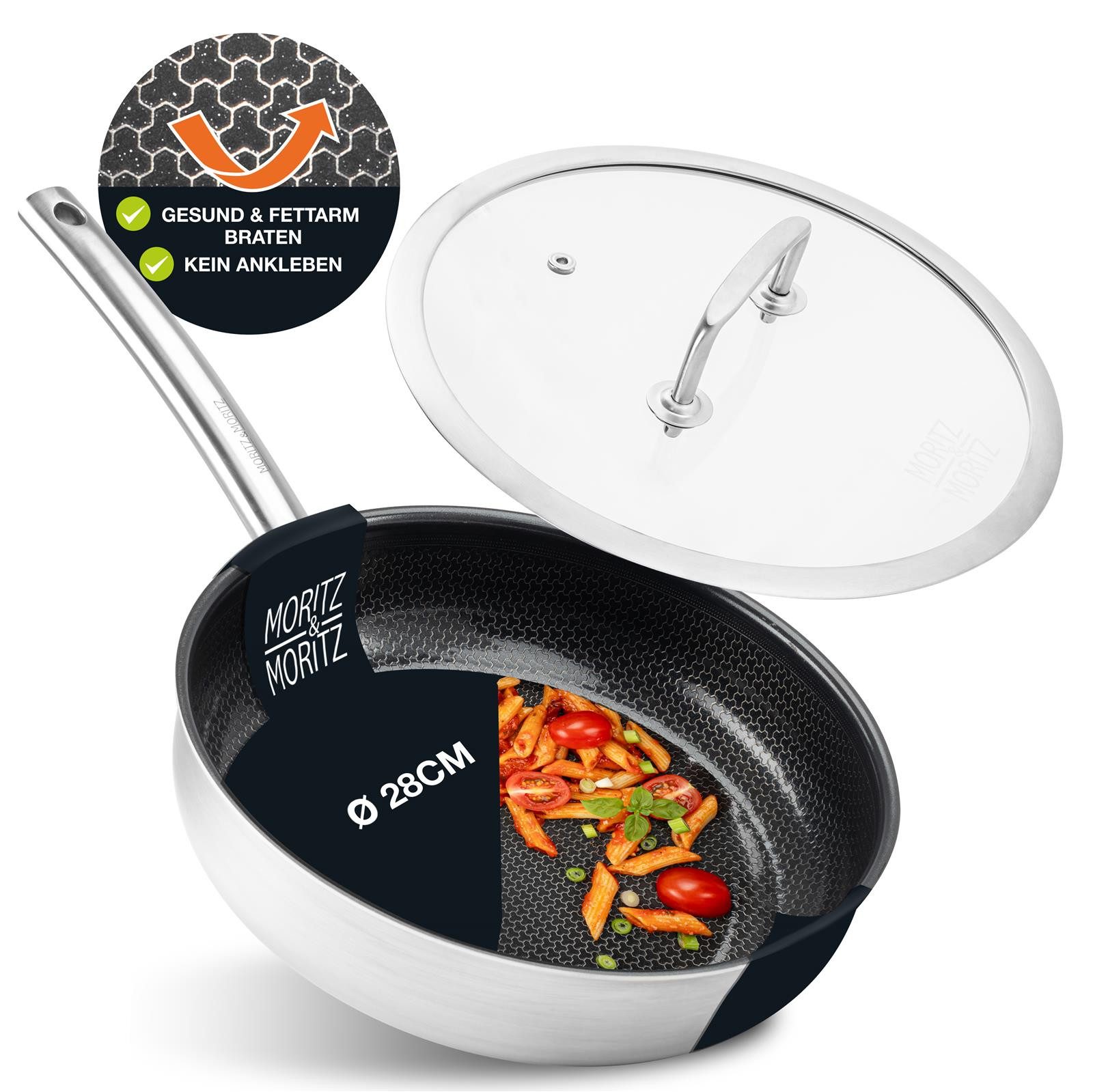 Moritz & Moritz Wok Pfanne mit Deckel 28cm gerader Rand, 304 Edelstahl (Bratpfanne & Deckel Set)