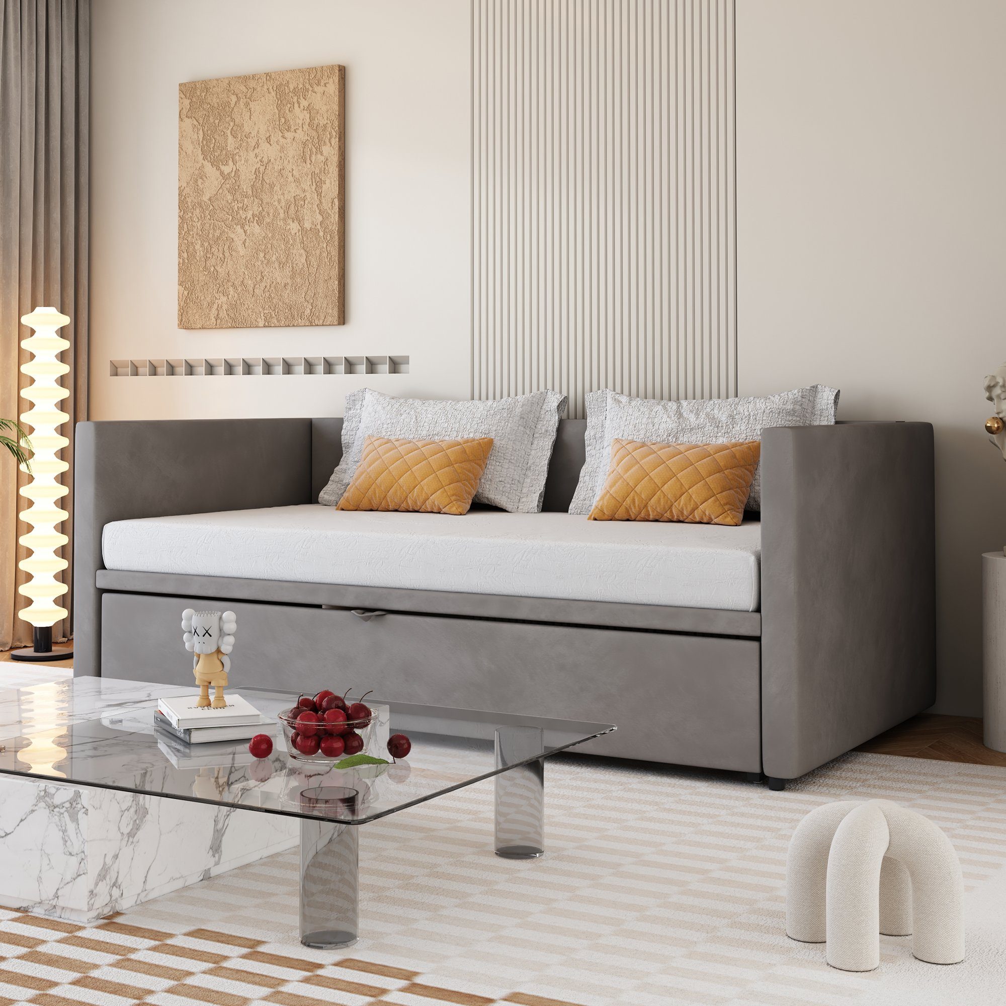 Flieks Daybett, Tagesbett Schlafsofa mit Unterbett 90x200cm/180x200cm Samt