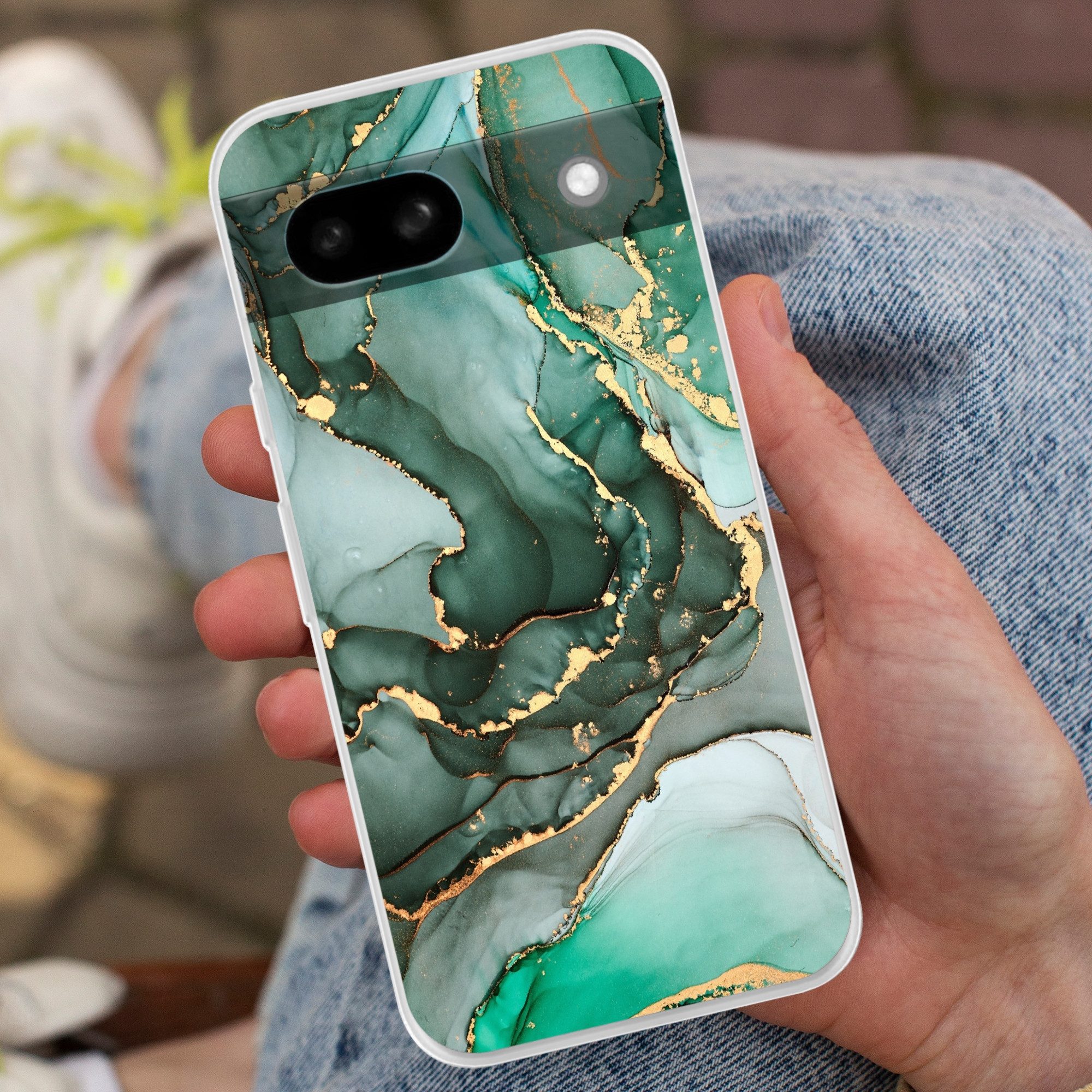MuchoWow Handyhülle für Google Pixel 8a Gold - Marmor - Grün - Luxus - Marmoroptik - Grau, Phone Case, Silikon, Schutzhülle Dünn