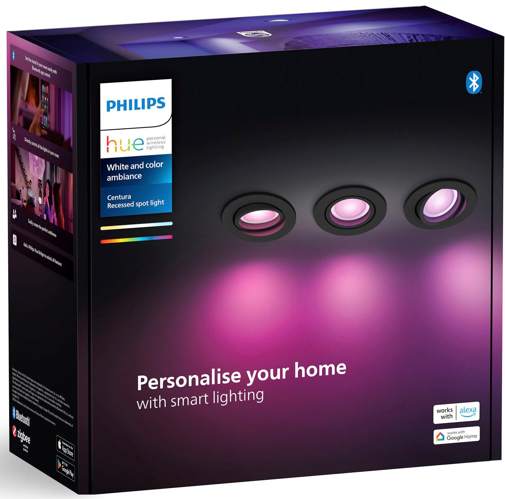 Philips Hue LED Einbauleuchte White & Color Ambiance Centura Einbauspot 3er Pack rund, Abschaltautomatik, Bluetooth, CCT - über Fernbedienung, Dimmfunktion, Farbsteuerung, Farbwechsel, Leuchtdauer einstellbar, Memoryfunktion, Nachtlichtfunktion, RGB, Smart Home, Timerfunktion, dimmbar über Fernbedienung, erweiterbar, mehrere Helligkeitsstufen, LED wechselbar, RGB
