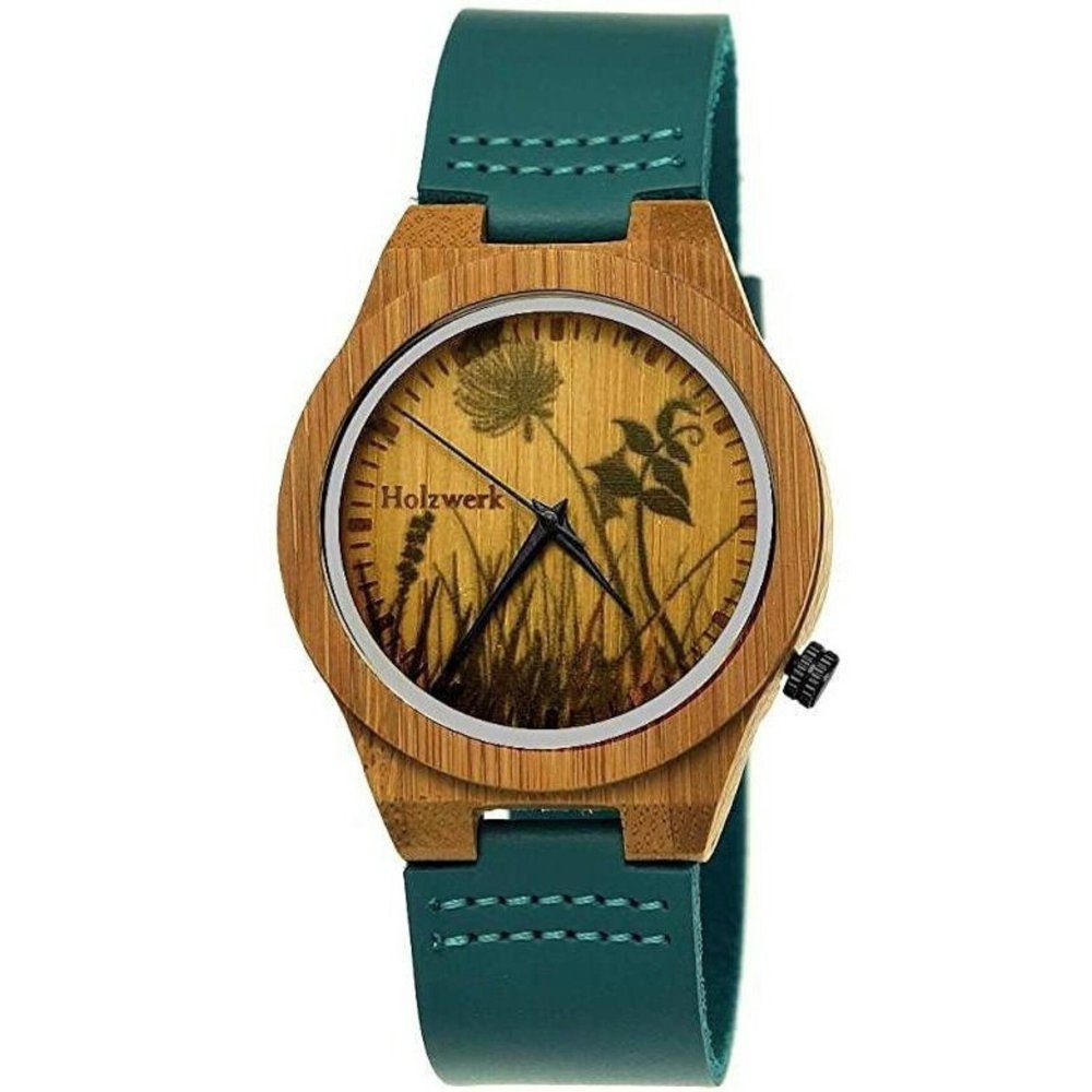 Holzwerk Quarzuhr FLORISTIC Damen Holz Armband Uhr mit Blumen Muster, braun, türkis blau