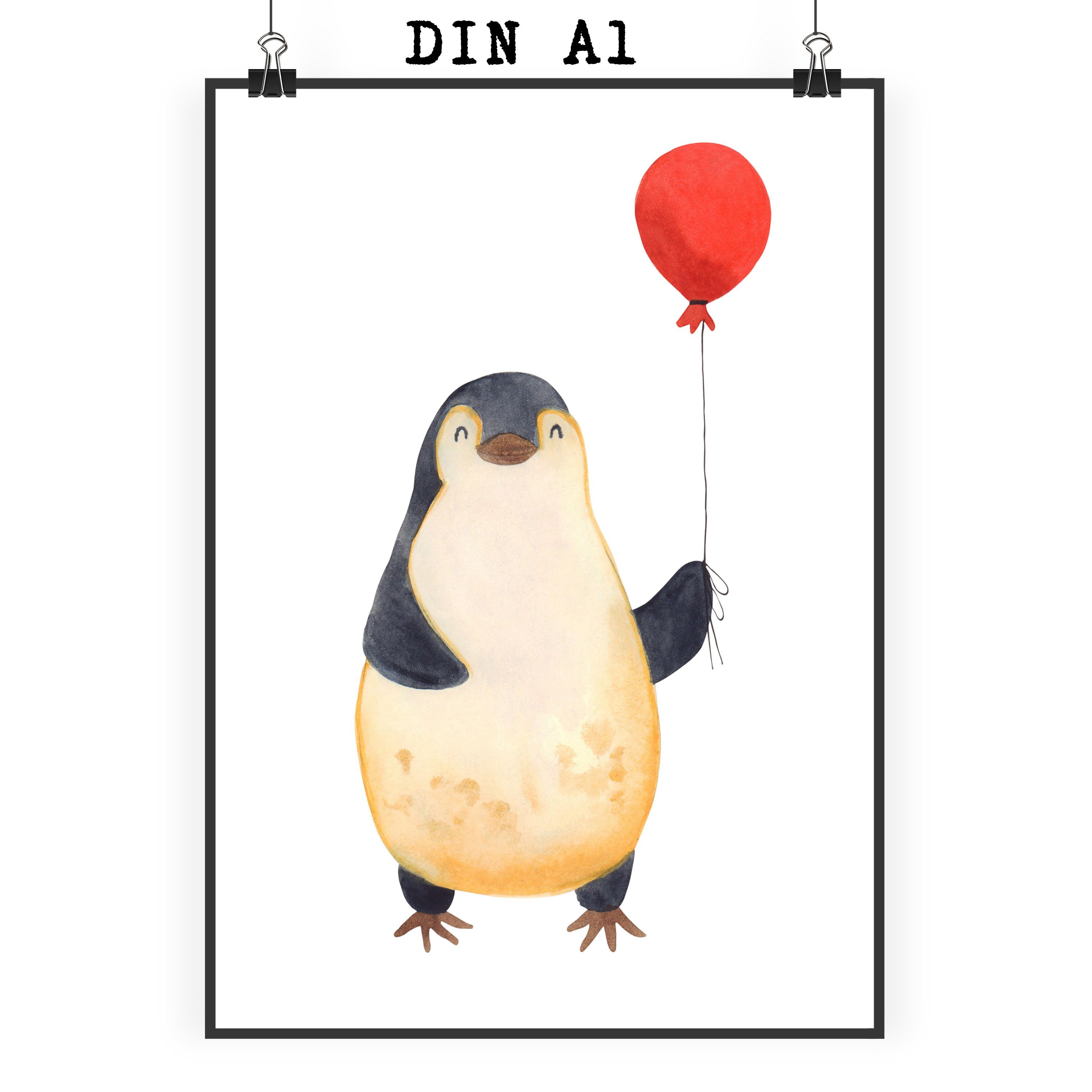 Mr. & Mrs. Panda Poster DIN A1 Pinguin Luftballon - Weiß - Geschenk, Motivation, Neustart, Gl, Pinguin Luftballon (1 St), Lebendige Farben