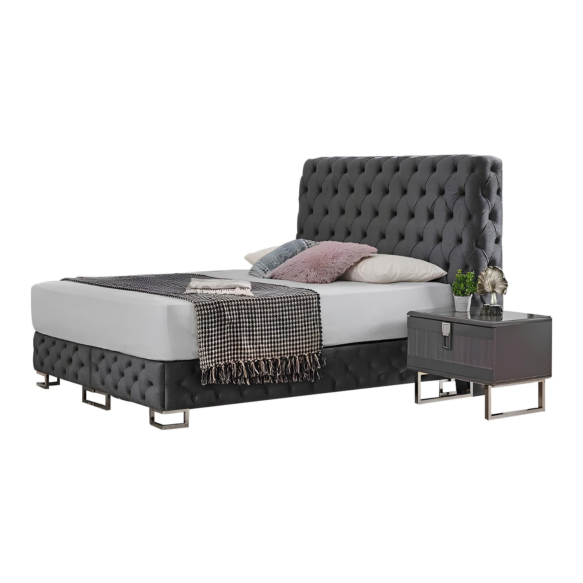 Xlmoebel Bett Graues Chesterfield Doppelbett mit eleganten Holz-Nachttischen (Set 3tlg Schlafzimmer (Bett + 2xNachttische), Hergestellt in Europa