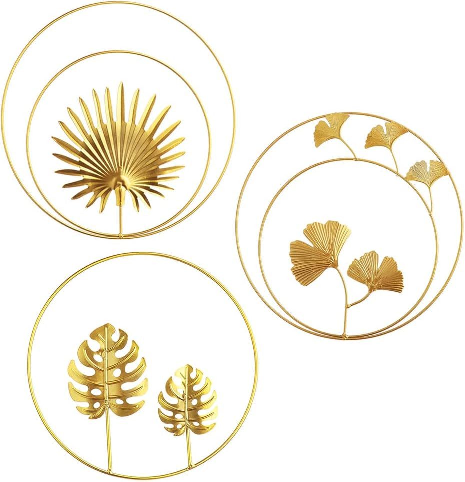 Wanddekoobjekt 3 Stück Gold Wanddeko, 3D Wandbild aus Metall Blätter, Wandskulpturen