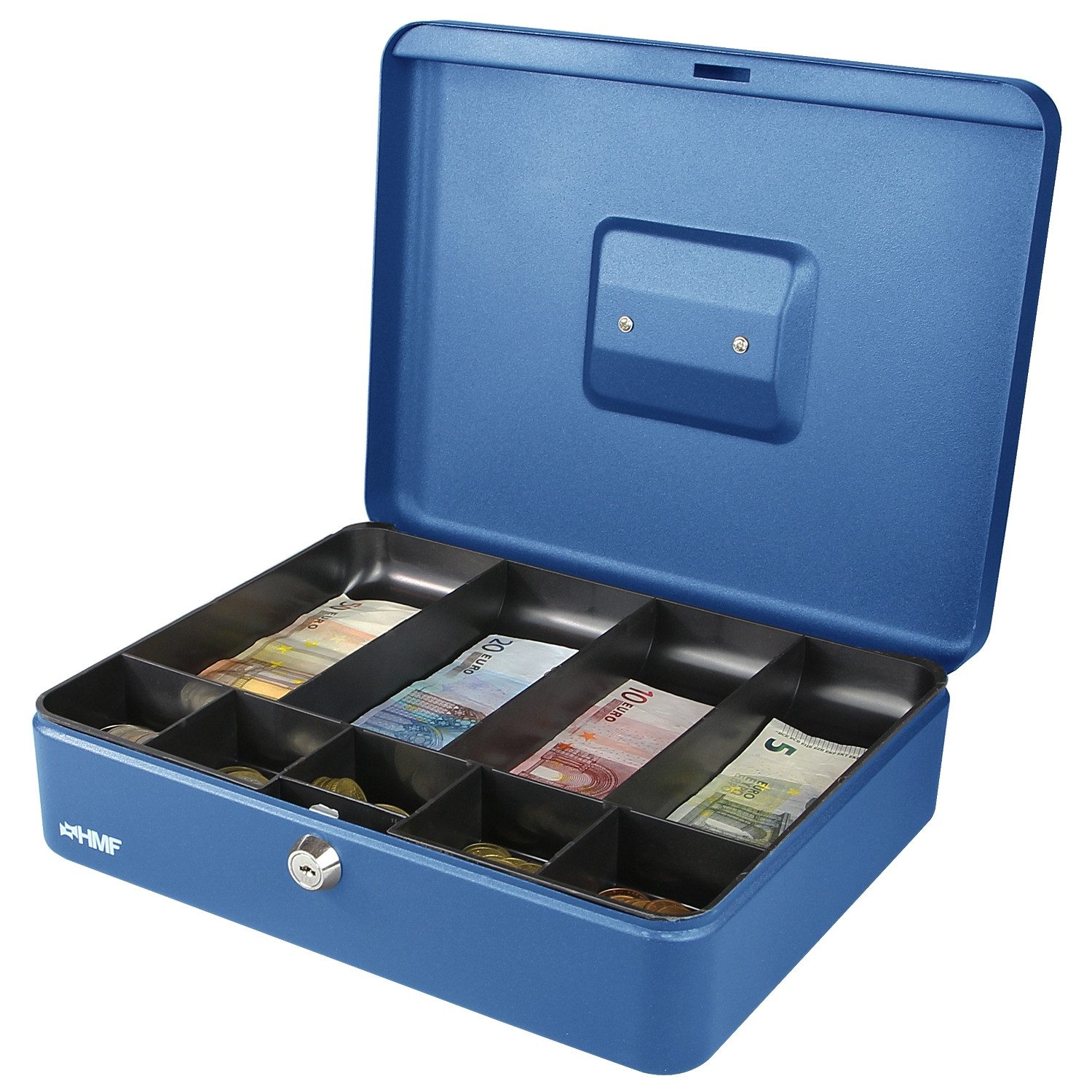 HMF Geldkassette Geldkassette abschließbar, Kasse mit 5 Münzfächern, und 4 Geldscheinmulden, 30 x 24 x 9 cm, blau