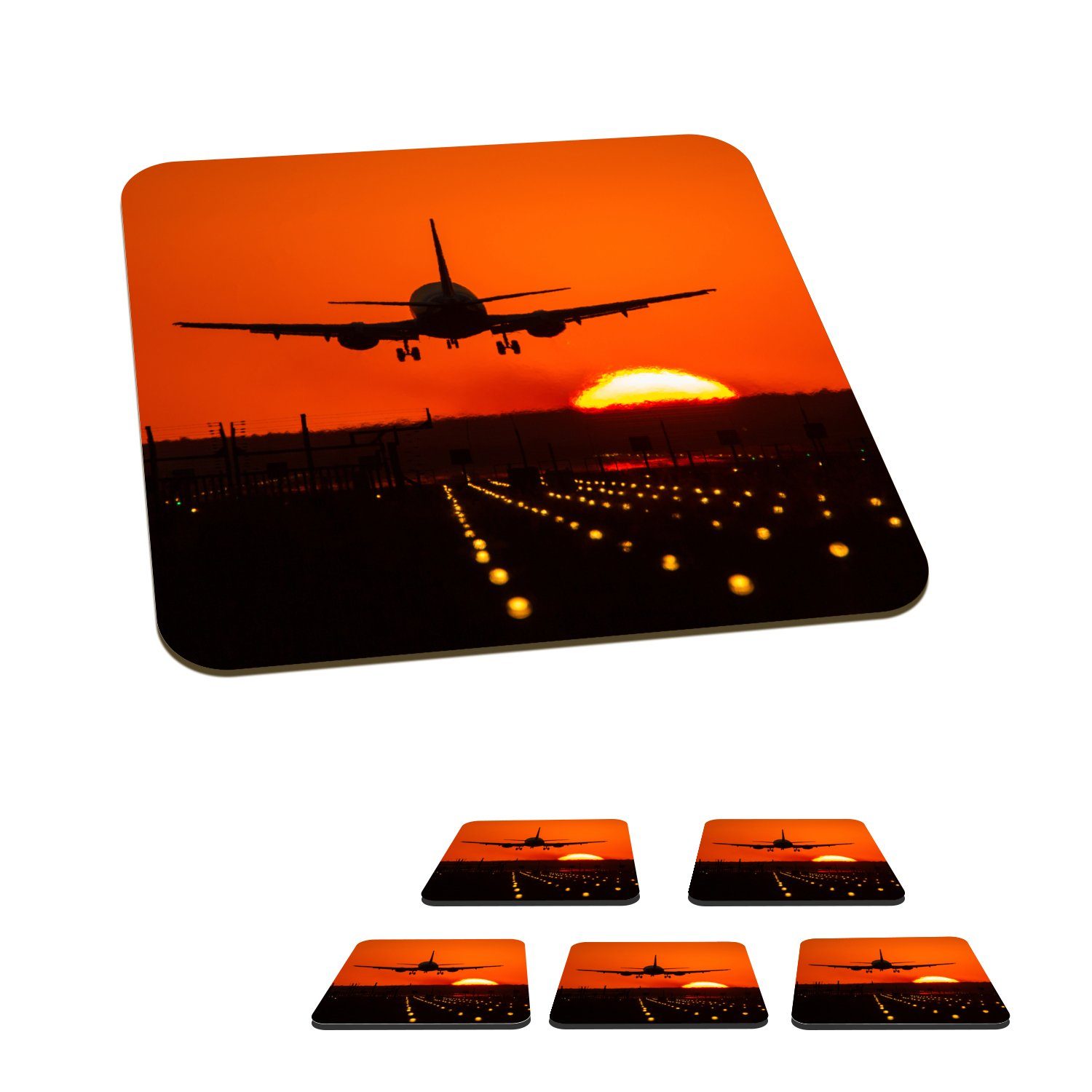 MuchoWow Glasuntersetzer Sonnenuntergang - Flugzeug - Orange - Sonne, Zubehör für Gläser, 6-tlg., Glasuntersetzer, Tischuntersetzer, Korkuntersetzer, Untersetzer, Tasse