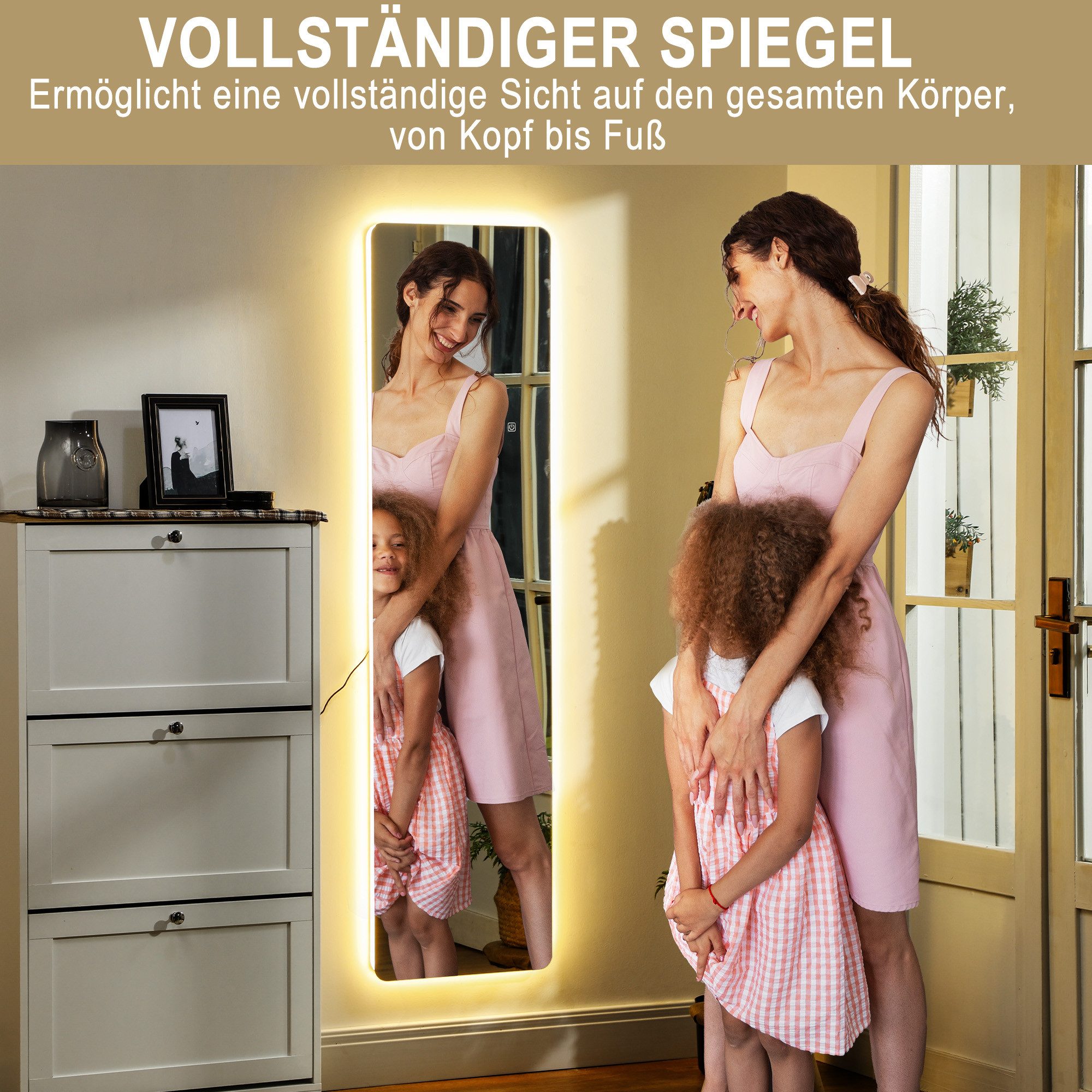 HOMCOM Standspiegel Bodenspiegel mit LED-Beleuchtung 3 Lichtfarben, bruchsicheres Glas (Wandspiegel, 1-St., Ganzkörperspiegel), für Schlafzimmer, Wohnzimmer, Tr – Bild 4 von 5
