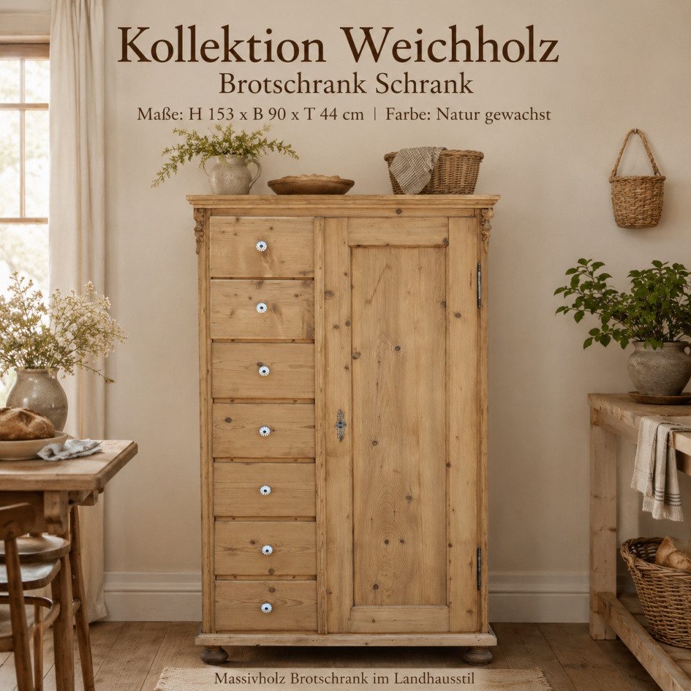 Wohnpalast Mehrzweckschrank Massivholz Brotschrank Kiefer Natur gewachst 7 Schubladen & Porzellan