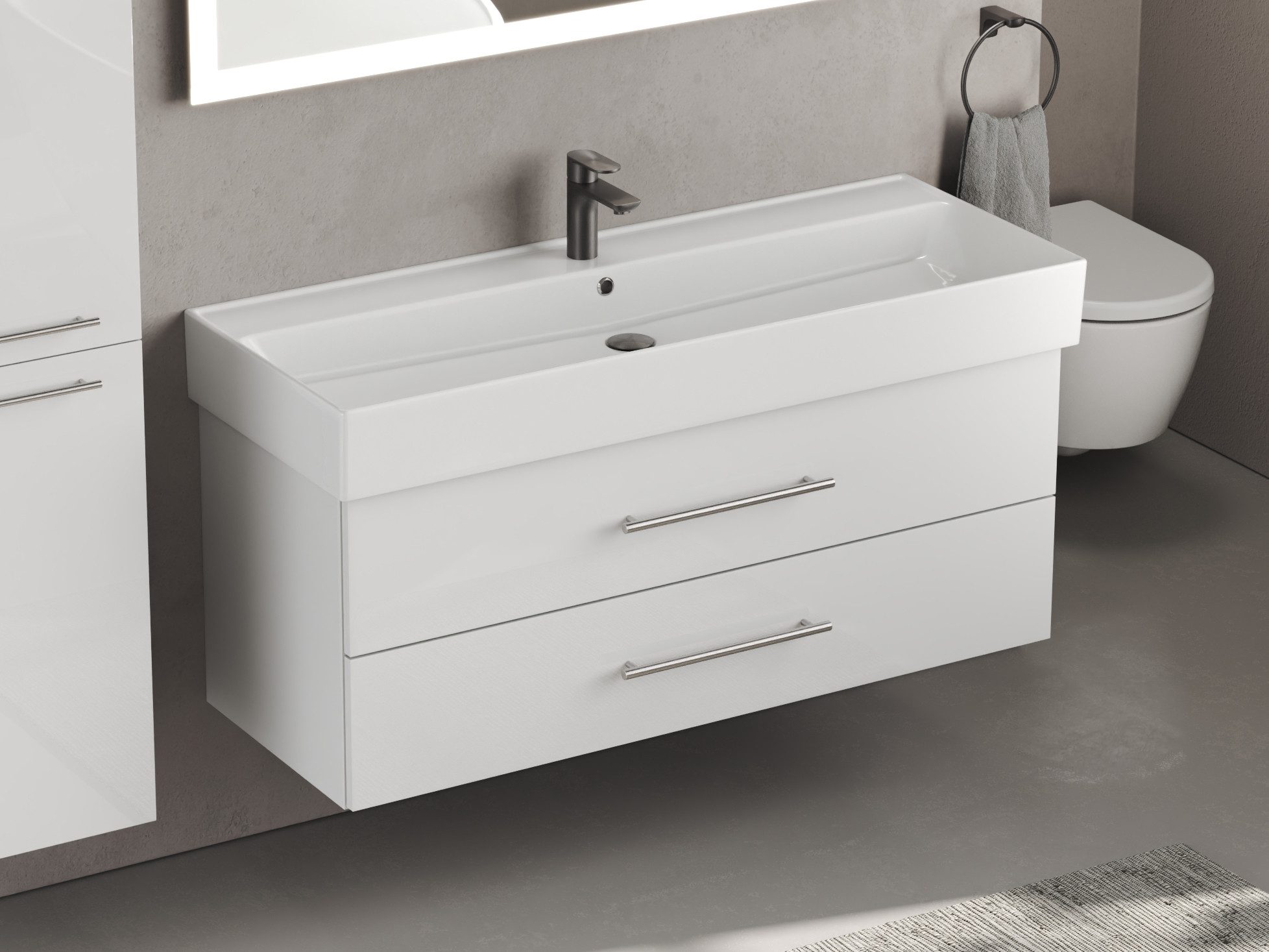 Aqua Bagno Badmöbel-Set Aqua Bagno Flex Badmöbel 120 cm Weiß Hochglanz mit Keramikwaschbecken, (vormontiert, 2-St., Badmöbelschrank lackiert, Keramikwaschbecken), einfache Montage, Skandi