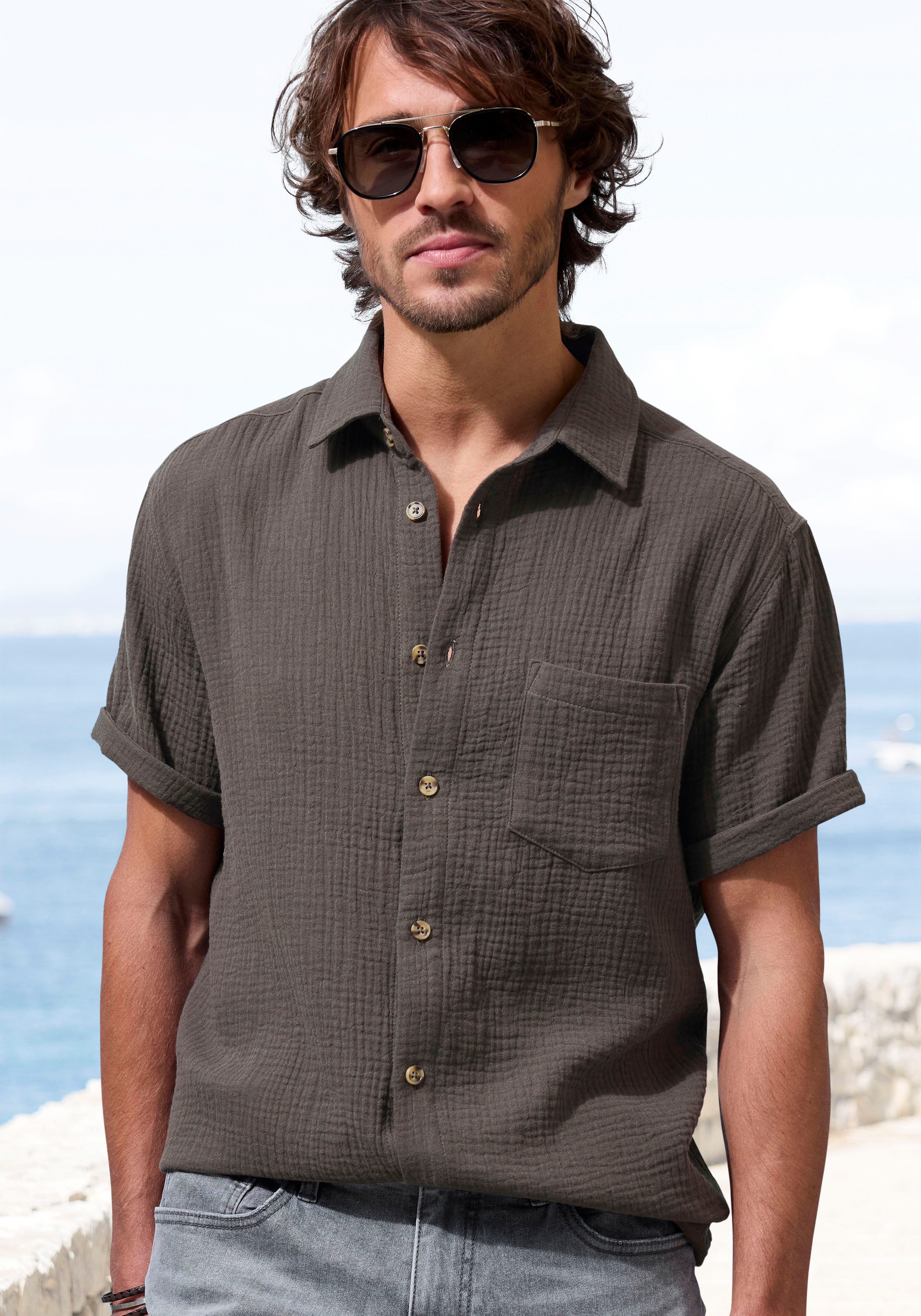 Beachtime Kurzarmhemd Regular fit Kurzarm, Freizeithemd aus Musselin-Ware