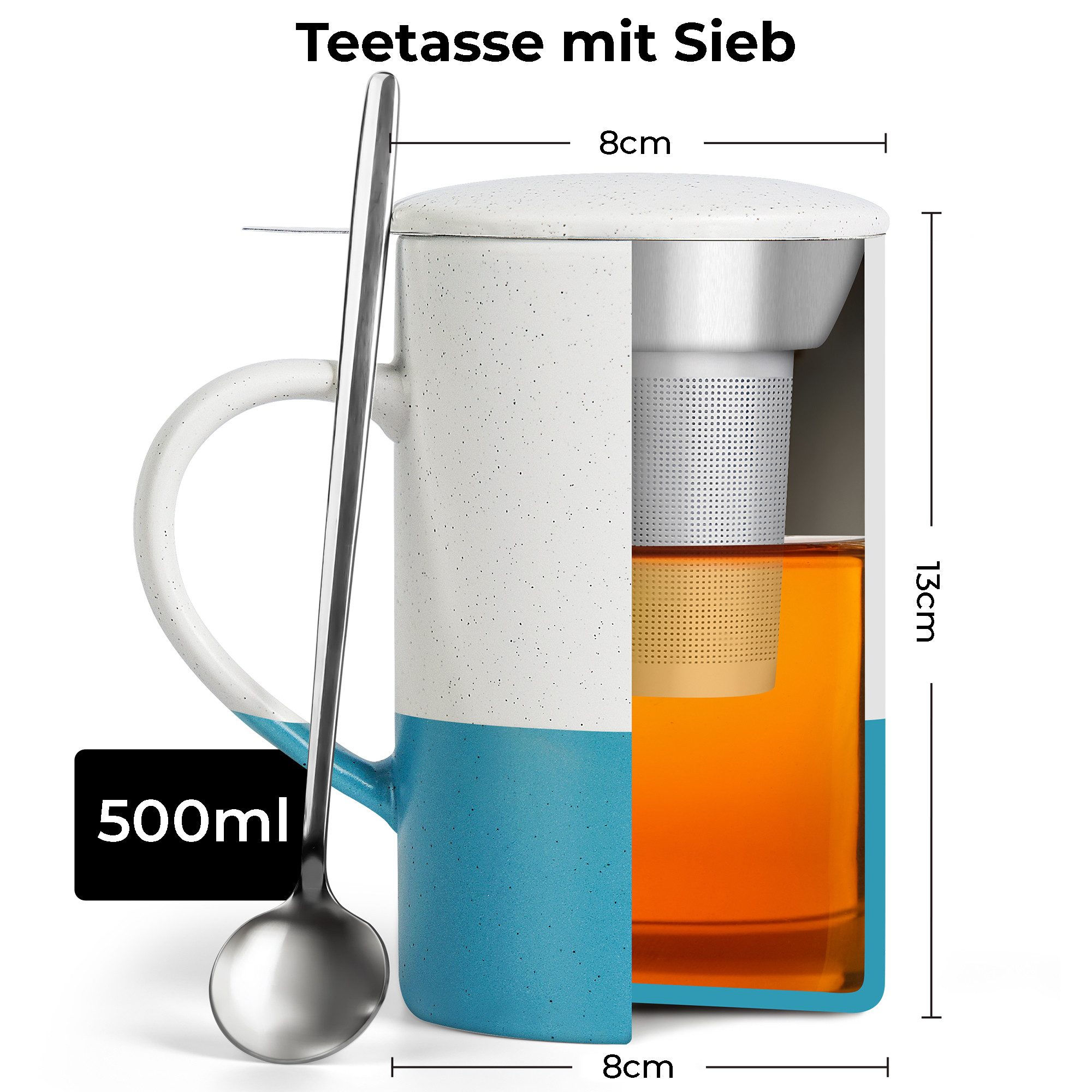 MiaMio Tasse für losen Tee mit Siebeinsatz und Deckel, Blau, 2-tlg., Keramik, 500 ml je Tasse