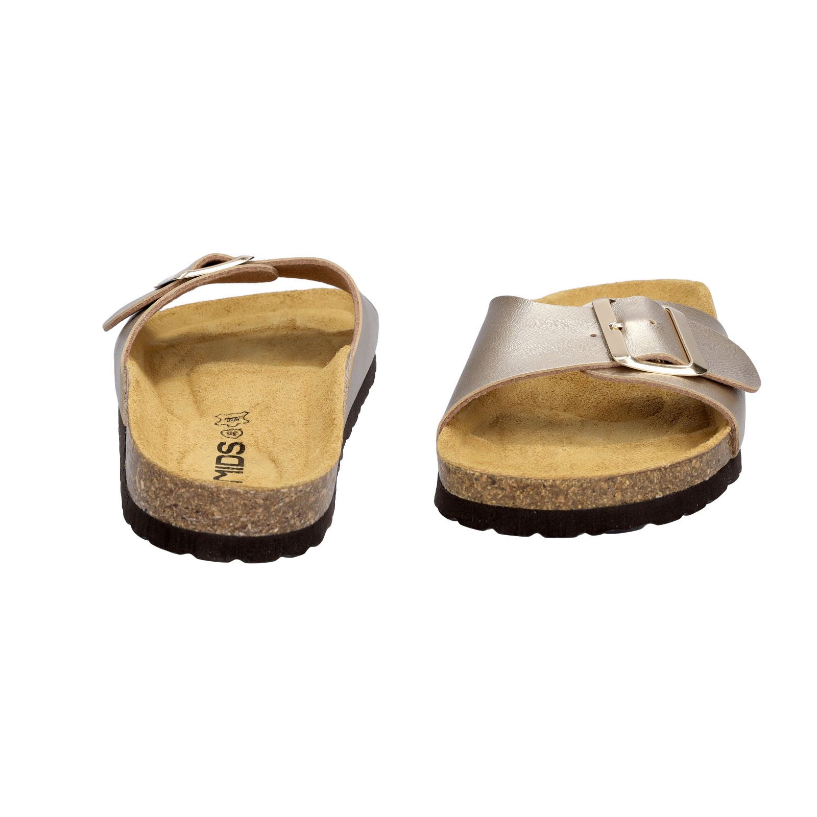 MIDS MONA Damen Pantolette gold, Einriemer mit Lederfußbett, Korksohle und verstellbarer Schnalle