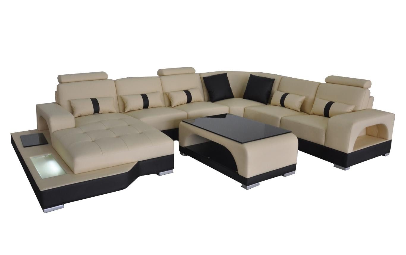 Xlmoebel Polstergarnitur Elegantes Ledersofa mit Polsterdesign und Tisch, (Sofa U-Form G8015 II + Tisch), Hergestellt in Europa