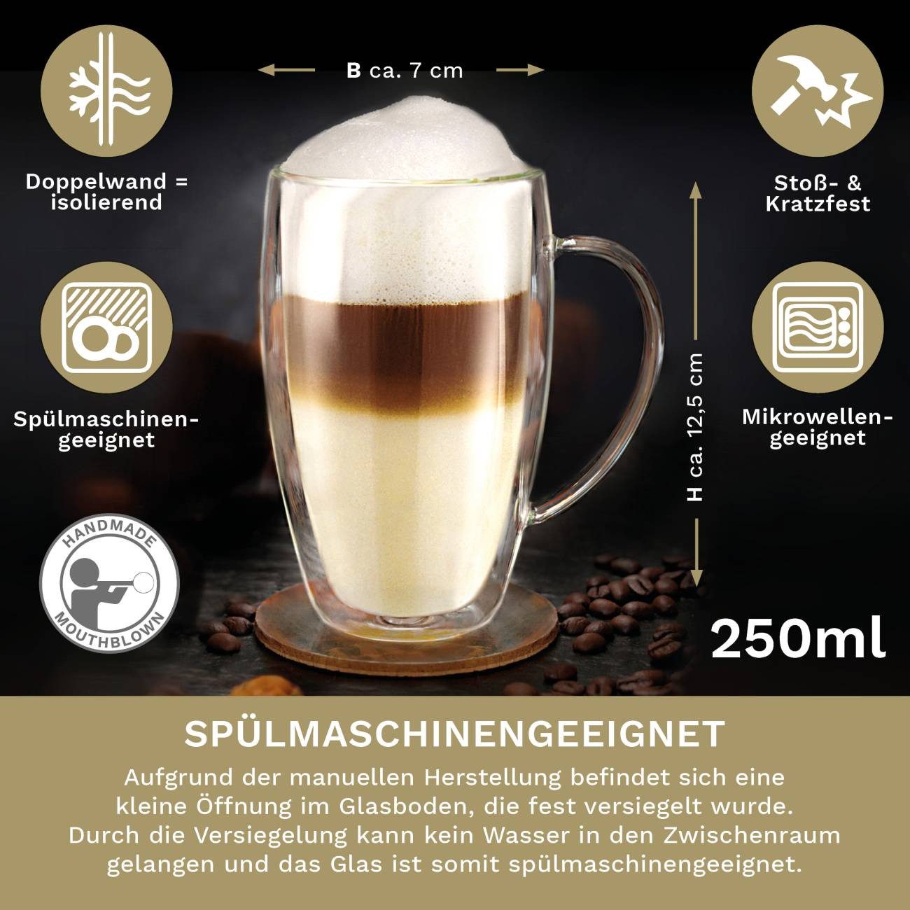 Creano Teeglas Thermoglas mit Henkel „DG-SHH“ 250 ml, 4er Set, 4-tlg., Borosilikatglas, 4 Gläser