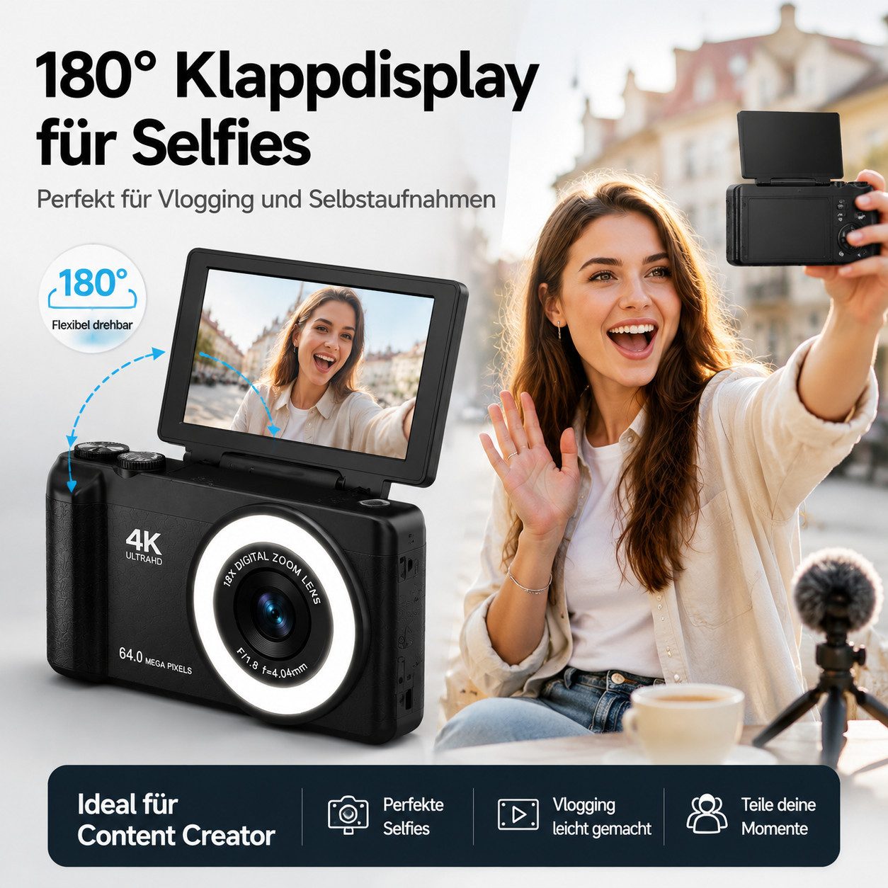 XEOOCE 4K Digitalkamera 64MP mit Flip Display Autofokus 18x Zoom Kompaktkamera (64 MP, 20 Filter) – Bild 5 von 5