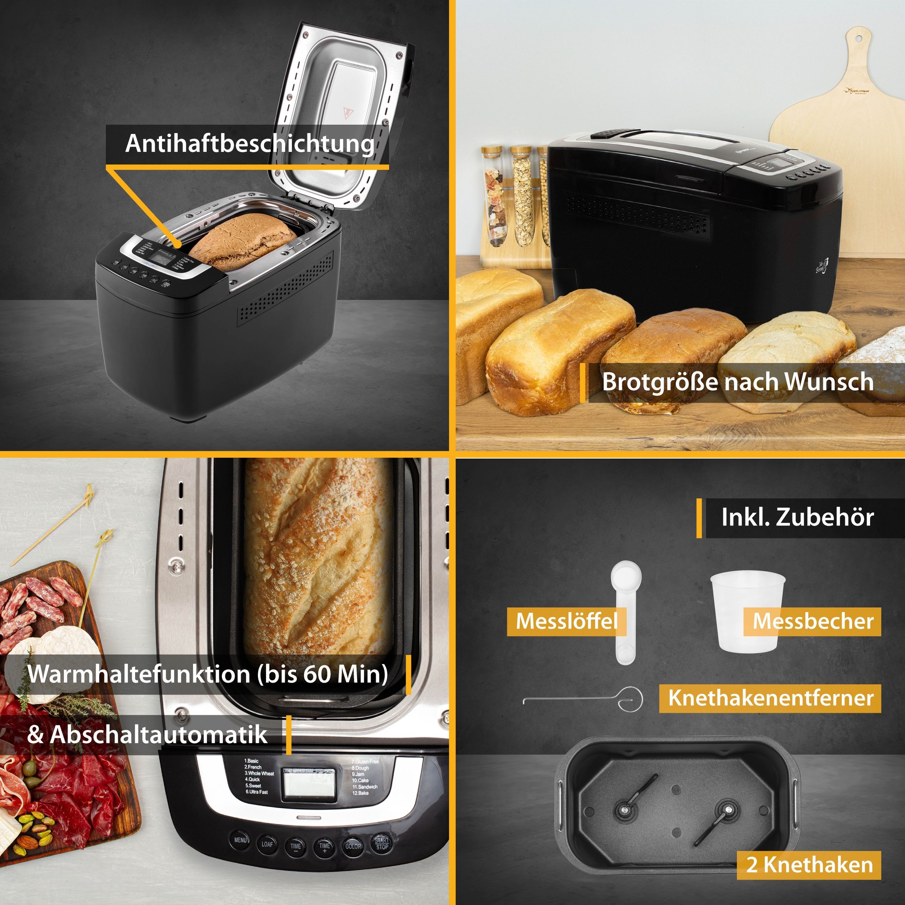 TZS FIRST AUSTRIA Brotbackautomat Brotbackmaschine, Timer, automatisch, 800 750g und inkl. mit Brot, Antihaftbeschichtet,Sauerteig 2 Display, 1250g W, Brotbackautomat, Knethaken