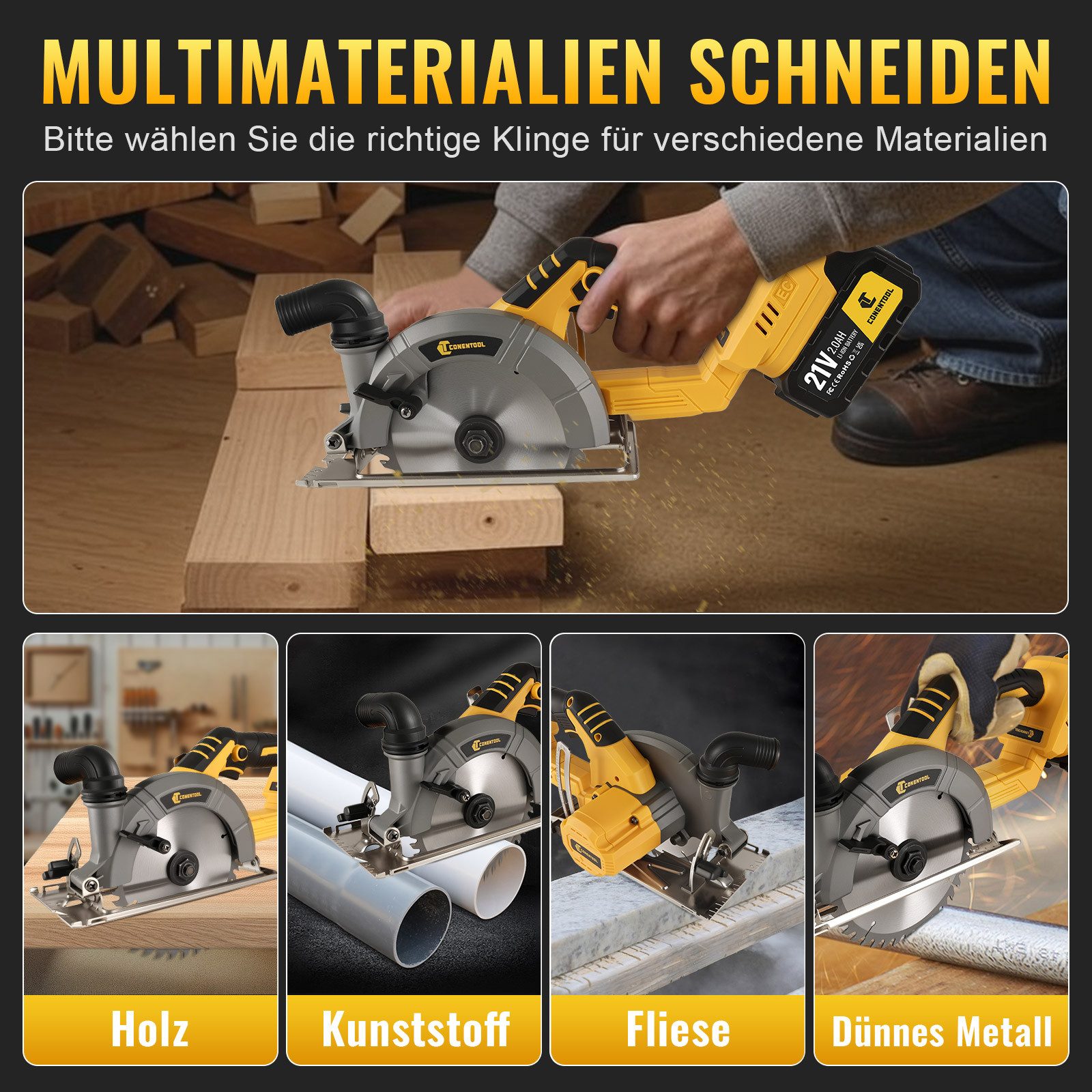 CONENTOOL Akku-Handkreissäge Bürstenlose Akku-Kreissäge 21V, Set, 2x Akku(2.0Ah)und Ladegerät