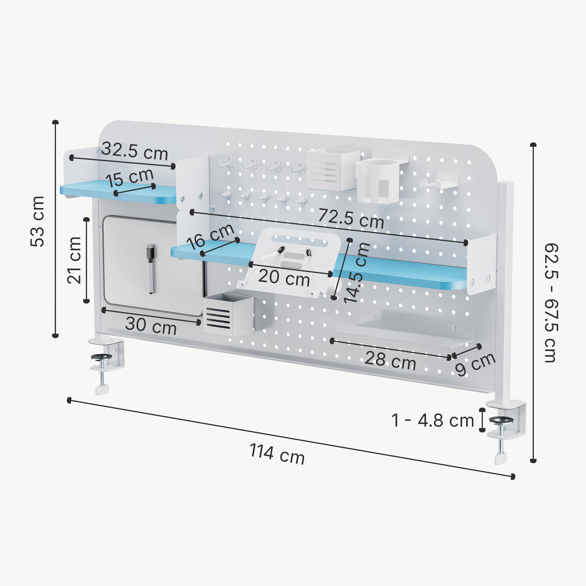 en.casa Schreibtischaufsatz, »Sauda« 114 x 68 cm mit Zubehör Klemmhalterung Stahl Weiß/Blau