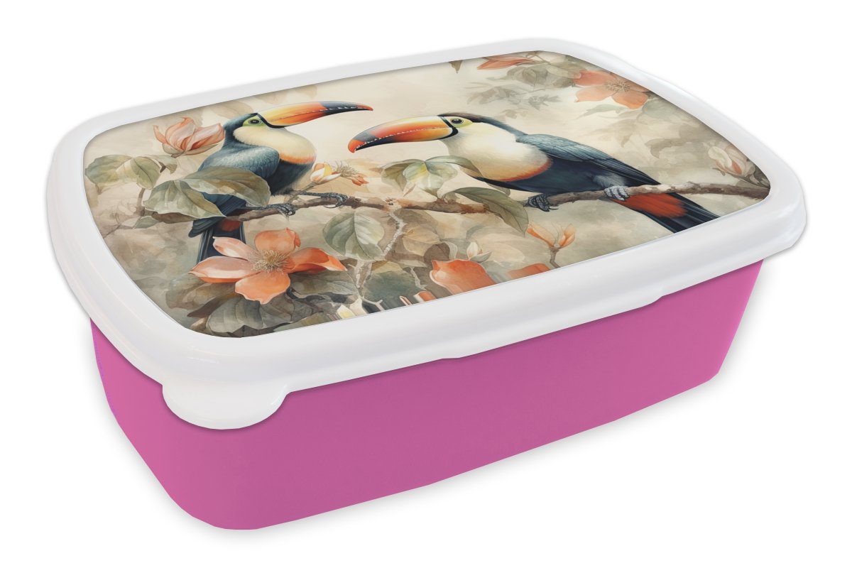 MuchoWow Lunchbox Tukan - Vögel - Blumen - Zweig, Kunststoff, (2-tlg), Brotbox für Erwachsene, Brotdose Kinder, Snackbox, Mädchen, Kunststoff rosa