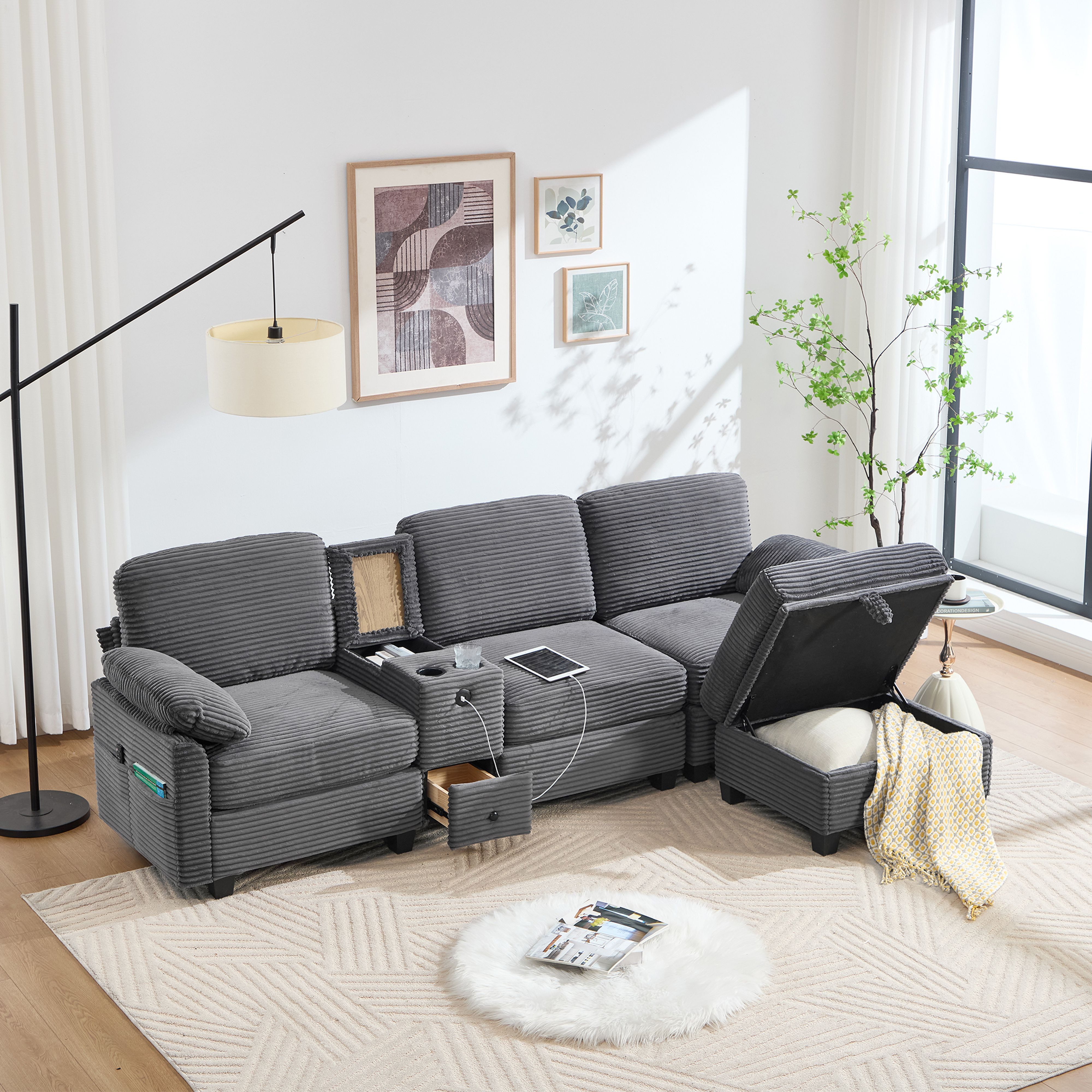 BlingBin Sofa Großes Cord-Sofa mit Komfortschaum, Loungesofa mit USB-C-Anschluss, 1er Set 1 Teile, Mit Beweglicher Stau-Ottoman Für Komfort und Funktion, Dunkelgrau