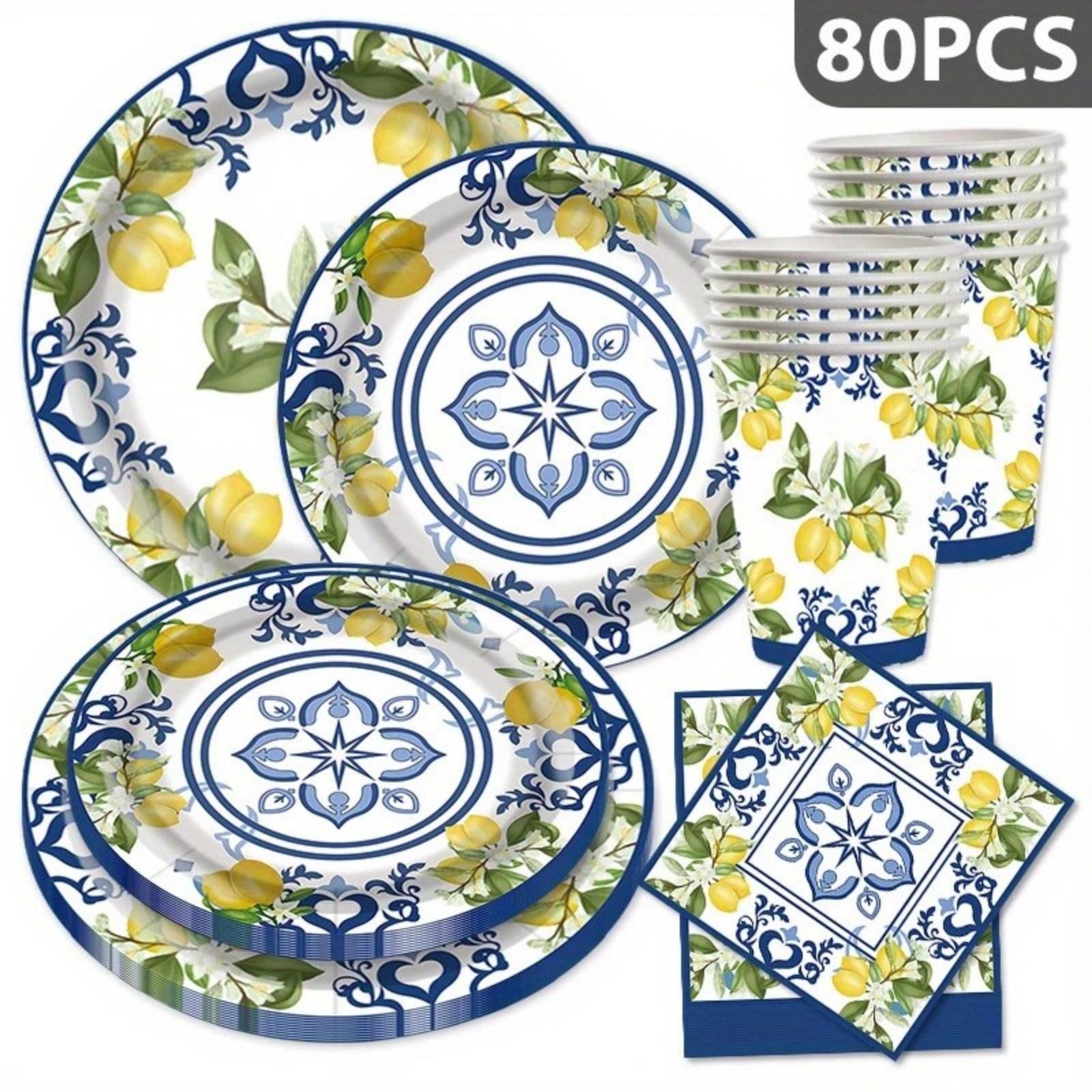 Kityhome Einwegteller 80-tlg Pappteller-Set,Party-Einweggeschirr-Set,Familientreffen, (80 St), Blau-weißes Zitronen-Motiv,Porzellan-Optik